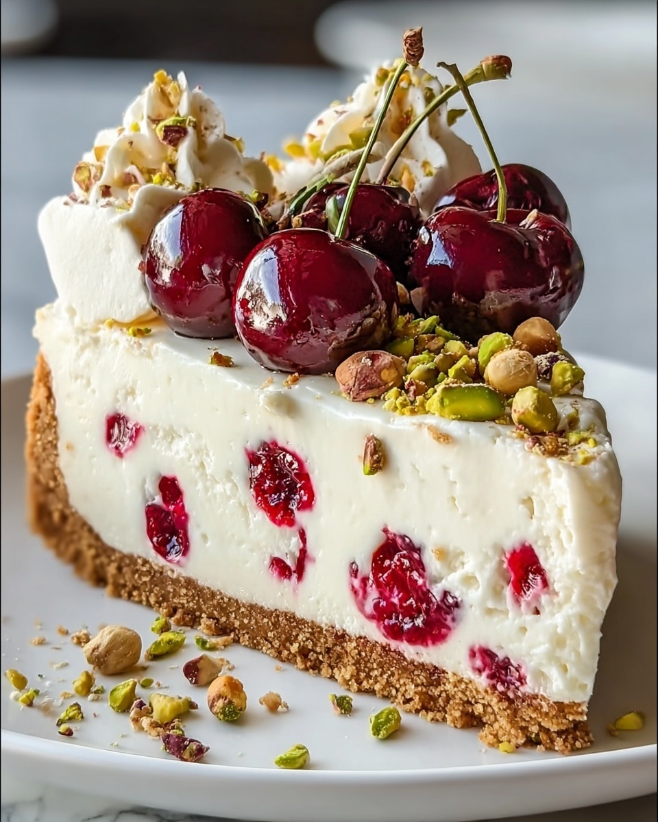 A single slice of creamy cheesecake sits on a white plate over a white marbled surface. The bottom layer consists of a thick, crumbly brown crust. Above this is a thick layer of white cream cheese filling studded with bright red cherry bits scattered throughout. The top of the slice is decorated with dollops of white whipped cream, shiny whole dark red cherries with stems, and sprinkled with roughly chopped green pistachios and small crumbles of the crust. Some pistachio pieces and crumbs are scattered on the plate near the slice. The lighting highlights the glossy cherries and the soft, smooth texture of the cheesecake. photo taken with an iphone --ar 4:5 --v 7