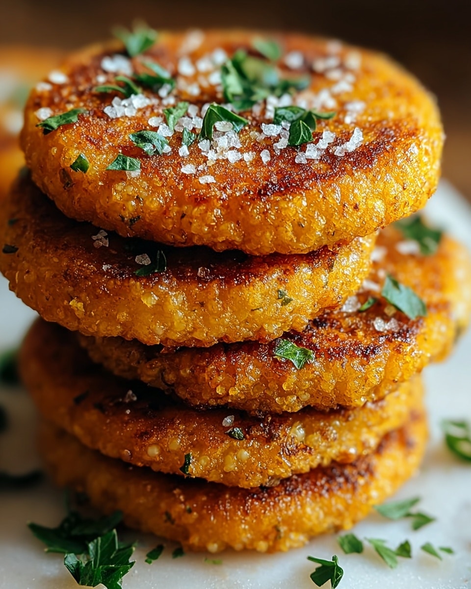 A close-up view of a stack of five golden brown fried patties, each round and slightly thick with a textured surface showing small grains. The patties have crispy edges and are sprinkled with coarse salt and small green parsley leaves scattered on top and around them. The stack is set on a white marbled surface, adding contrast to the warm colors of the patties. The lighting highlights the crisp and slightly oily appearance of the patties, making them look fresh and appetizing. photo taken with an iphone --ar 4:5 --v 7