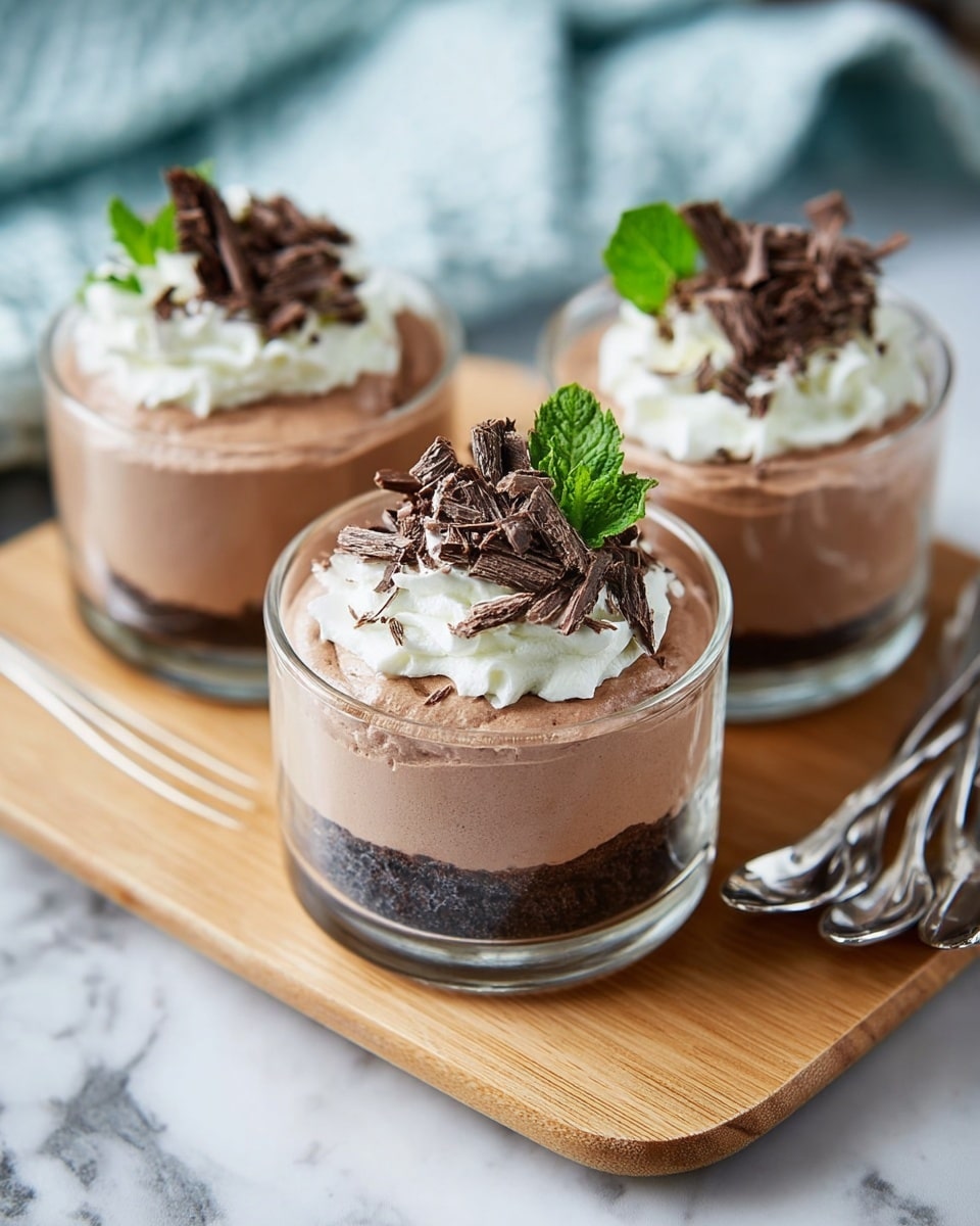 The dessert shows three thick layers in clear glass cups. The bottom layer is dark brown and crumbly, looking like crushed cookies. The middle layer is smooth and creamy light brown chocolate mousse, thick and fluffy. The top layer has white whipped cream with chocolate pieces scattered on it, and a fresh green mint leaf for decoration. A spoon with a scoop of the mousse is resting inside the closest cup. The cups are placed on a light wooden surface with a blue and white striped cloth blurred in the background. Photo taken with an iphone --ar 4:5 --v 7
