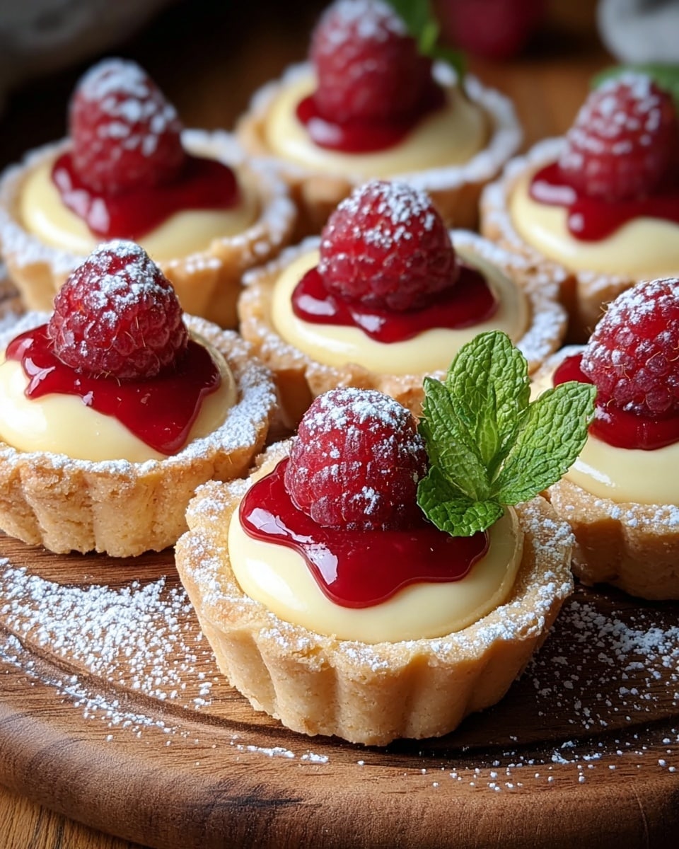 A wooden round board is filled with small tartlets, each with a golden crust base, a thick layer of smooth pale yellow cream filling, and a bright red raspberry placed on top. A small dollop of red sauce sits beside the raspberry on each tartlet. One tartlet in the center is decorated with a sprig of fresh green mint leaves. A light dusting of powdered sugar covers the tartlets and the wooden board underneath. The setting has warm natural light. photo taken with an iphone --ar 4:5 --v 7