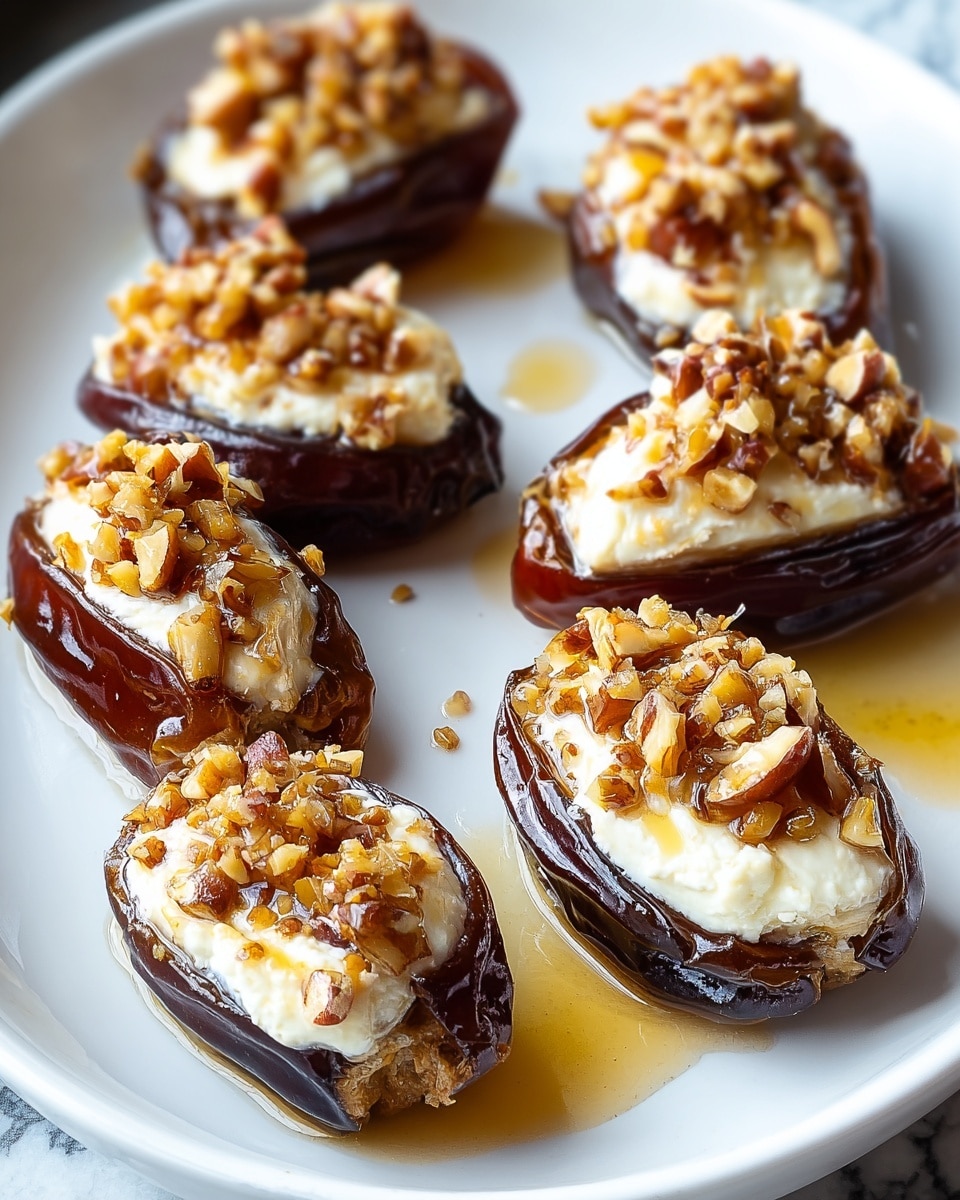The image shows a white plate with seven stuffed dates arranged across it, sitting on a white marbled surface. Each date is cut open and filled with a creamy off-white cheese layer that looks smooth and soft. On top of the cheese, there is a sprinkle of chopped nuts that add a crunchy texture and a light brown color. The dates themselves are dark brown and glossy, showing a sticky and rich outer texture. Around the dates, a light golden syrup is drizzled, pooling slightly on the plate, giving a shiny, sweet finish. photo taken with an iphone --ar 4:5 --v 7