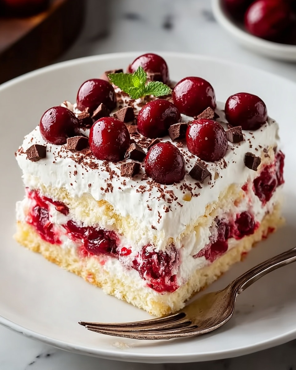 A square slice of dessert sits on a white plate, showing three clear layers: a base layer of moist light yellow sponge cake with bits of red cherry embedded, a thick middle layer of white whipped cream mixed with chunks of bright red cherries, and a top layer of smooth white whipped cream dusted with dark cocoa powder; whole glossy red cherries and small chocolate pieces crown the top, with a small green mint leaf adding a touch of color, and a vintage silver fork resting beside the dessert on the plate. The scene is set on a white marbled surface. Photo taken with an iphone --ar 4:5 --v 7