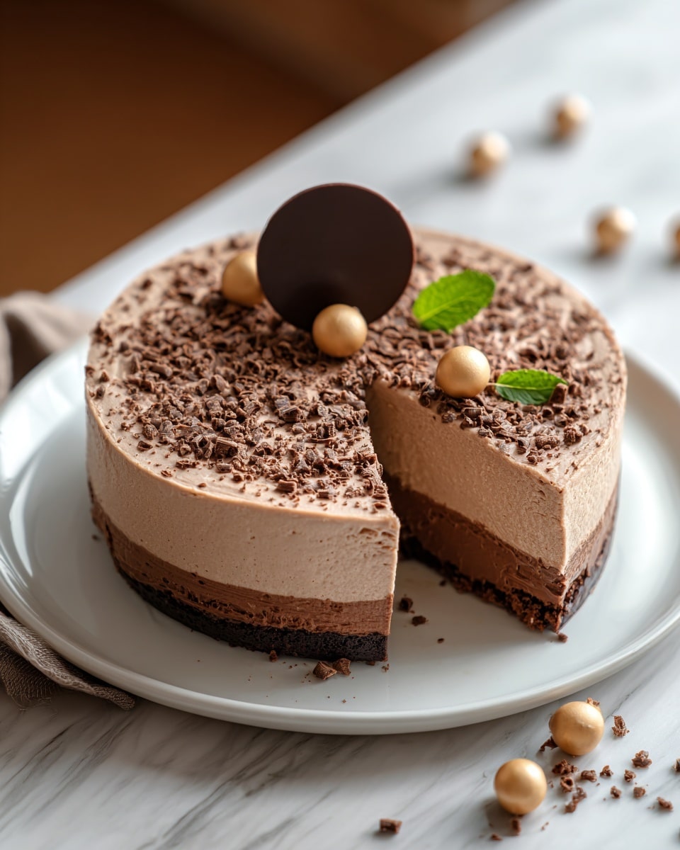 The image shows a round chocolate mousse cake with three visible layers. The bottom layer is dark brown and dense, likely a chocolate crust. The middle layer is a lighter chocolate mousse, smooth and creamy. The top layer is the same mousse but dusted lightly with cocoa powder, decorated with small chocolate shavings evenly spread across the surface. On top, there is a large oval dark chocolate piece standing upright in the center, flanked by two small round golden balls and two small green leaves as garnish. The cake is placed on a simple white plate, set on a white marbled texture surface. photo taken with an iphone --ar 4:5 --v 7