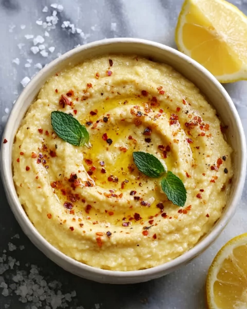 A white bowl filled with creamy light yellow hummus topped with a swirl of olive oil in the center, sprinkled with red chili flakes and black pepper, and garnished with two small green mint leaves placed on top. The bowl sits on a white marbled surface, with a halved lemon and some coarse salt crystals scattered beside it. photo taken with an iphone --ar 4:5 --v 7