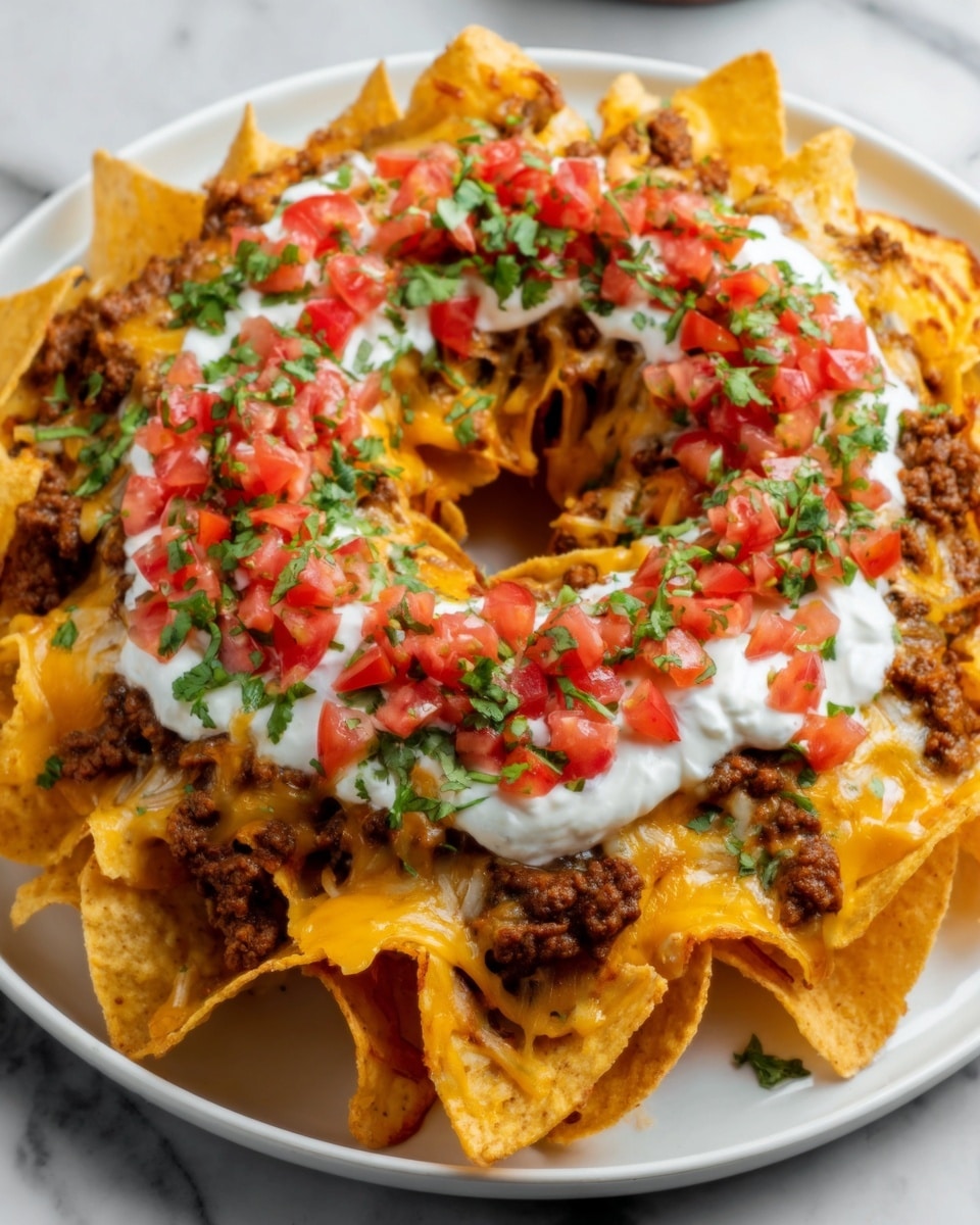 A large white round plate holds a ring of crispy yellow corn tortilla chips topped with melted orange cheddar cheese and seasoned cooked ground beef. On top, there is a thick white layer of sour cream, generously spread over the chips and cheese. Bright red diced tomatoes and finely chopped green cilantro are sprinkled on the sour cream, adding fresh color. The plate sits on a white marbled surface, making the colors of the dish stand out clearly. Photo taken with an iphone --ar 4:5 --v 7