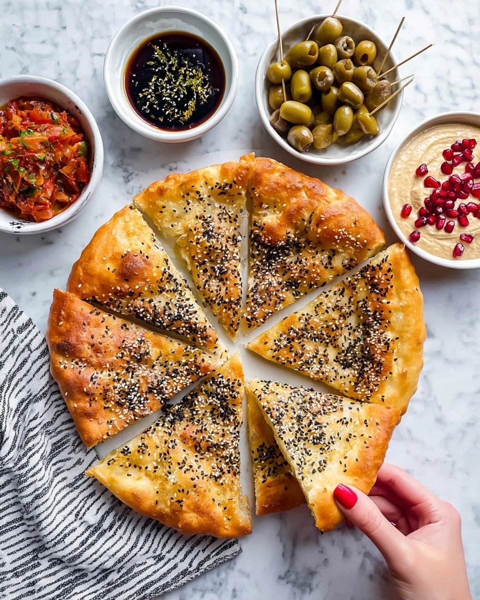 A round flatbread cut into six triangular slices with a golden-brown crust and sprinkled with black and white sesame seeds. One slice is being picked up by a woman's hand with red nail polish from the right side. Surrounding the flatbread, there are four small white bowls: one with a dark olive oil and balsamic mix, one with a chunky tomato and vegetable mix, one with green olives each pierced by a toothpick, and one with a beige dip topped with red pomegranate seeds. All items are placed on a white marbled surface with a striped cloth partially visible in the bottom left corner. Photo taken with an iphone --ar 4:5 --v 7