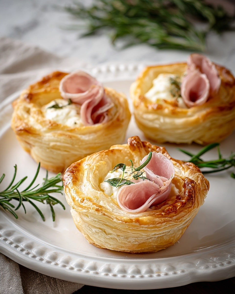 The image shows three round puff pastry nests on a white plate with a detailed edge. Each nest has about five to six layers of golden-brown, flaky pastry with a slightly crispy texture. Inside each nest, there are white cheese cubes topped with a thin, folded slice of pink ham. The plate is placed on a white marbled texture with some fresh green rosemary sprigs around it, adding a touch of color and freshness. The light focuses softly on the nests, highlighting the pastry's flaky layers and the smooth texture of the cheese and ham. photo taken with an iphone --ar 4:5 --v 7