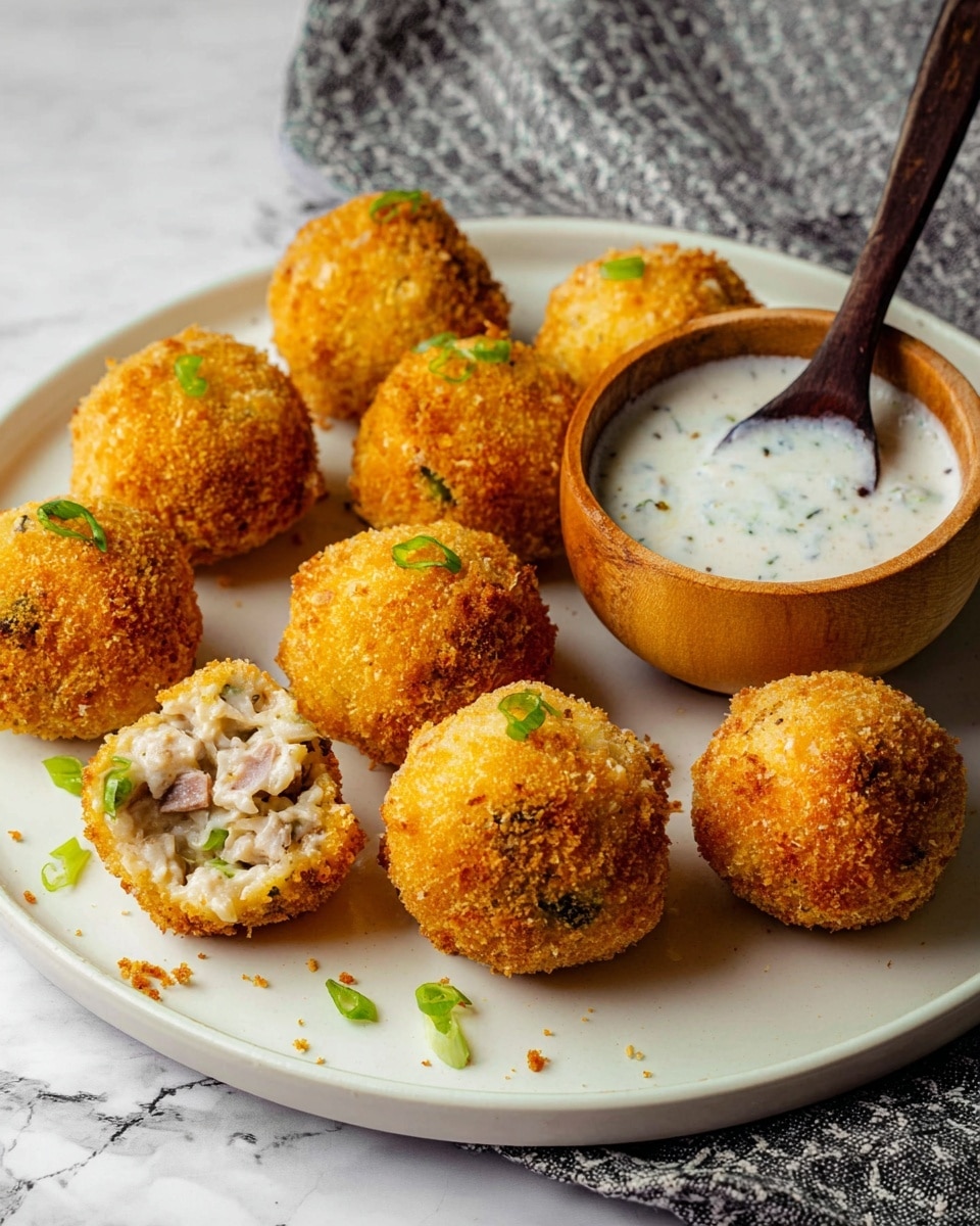 A white plate holds eight golden-brown, crispy, round croquettes with a crunchy texture on the outside. One croquette is cut open at the front left, showing a creamy inside filled with mixed ingredients in light beige and bits of green. Small green garnishes are scattered around the plate. On the right side of the plate, there is a small wooden bowl filled with a white creamy sauce dotted with herbs. A dark wooden spoon rests in the sauce, partially dipped. The plate is placed on a white marbled surface with a gray patterned cloth in the background. Photo taken with an iphone --ar 4:5 --v 7