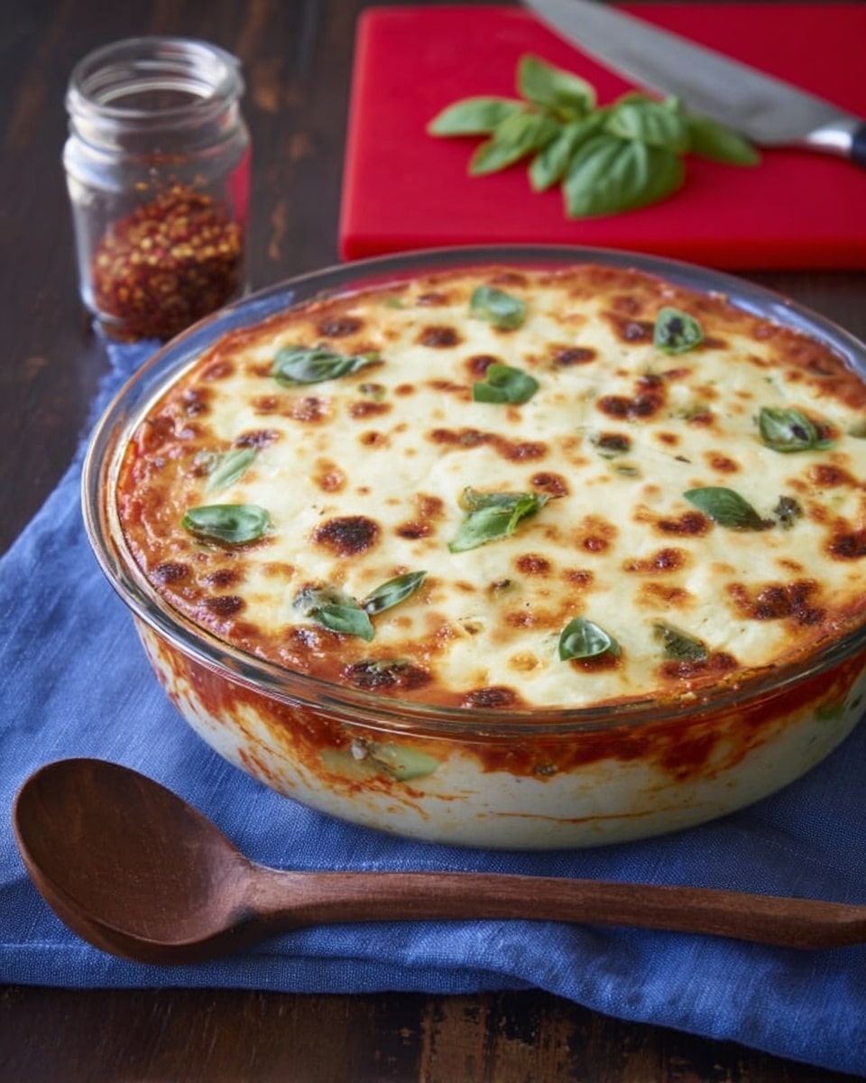 A clear round glass baking dish sits on a blue cloth over a dark wooden surface, filled with a baked dish that has three visible layers: a bottom thick red tomato and vegetable sauce, a middle layer of light beige creamy cheese, and a top layer of melted white cheese with bubbly, browned spots scattered across and fresh green basil pieces spread evenly. Behind the dish is a red cutting board, a small glass jar with red pepper flakes, fresh basil leaves, and a large knife. A wooden spoon rests in the front right corner on the table. The background surface is white marbled. photo taken with an iphone --ar 4:5 --v 7