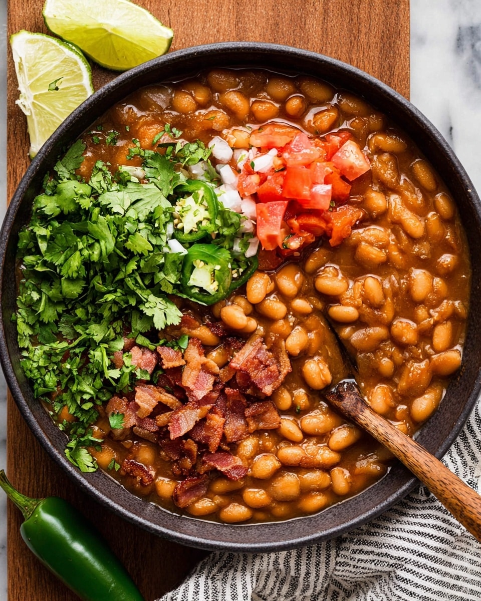 A close-up view of a bowl filled with thick, brownish bean stew, packed with soft white beans and small pieces of diced red tomatoes and onions scattered throughout. On top, there are fresh bright green cilantro leaves adding a fresh pop of color, along with bits of crispy, dark brown bacon mixed inside. A wooden spoon with a smooth texture rests inside the bowl to the right, partially submerged in the stew. The white bowl sits on a white marbled surface with a folded striped cloth underneath. photo taken with an iphone --ar 4:5 --v 7