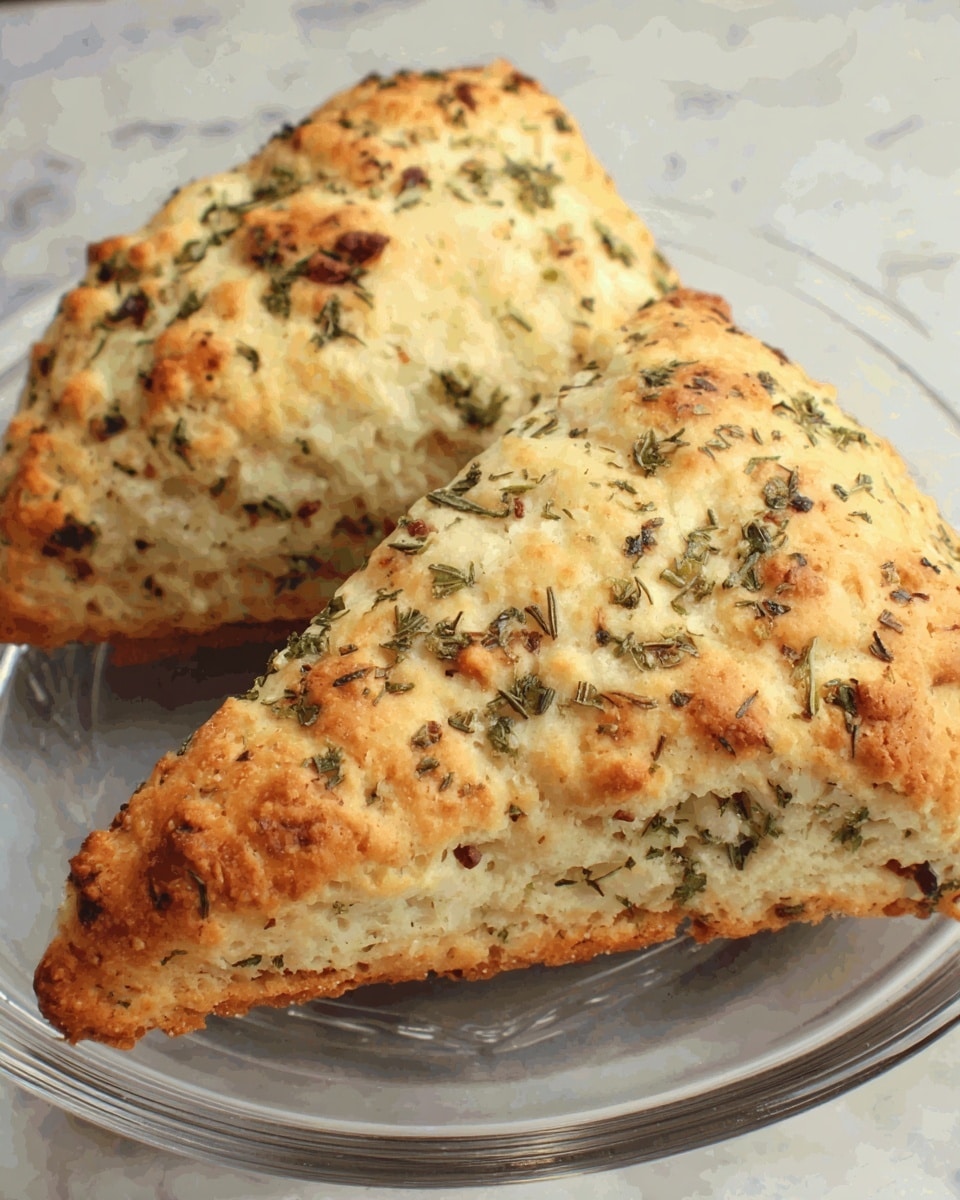 The image shows two triangular scones stacked on a clear glass plate with a floral edge design, placed on a white marbled surface. The scones have a light golden color with darker brown spots indicating baked areas, and are sprinkled with green herbs on top. The texture looks crumbly yet dense, with visible small chunks inside that suggest added ingredients. The overall look is rustic and homemade, with the scones slightly overlapping each other, focusing on their thick, flaky layers. Photo taken with an iphone --ar 4:5 --v 7