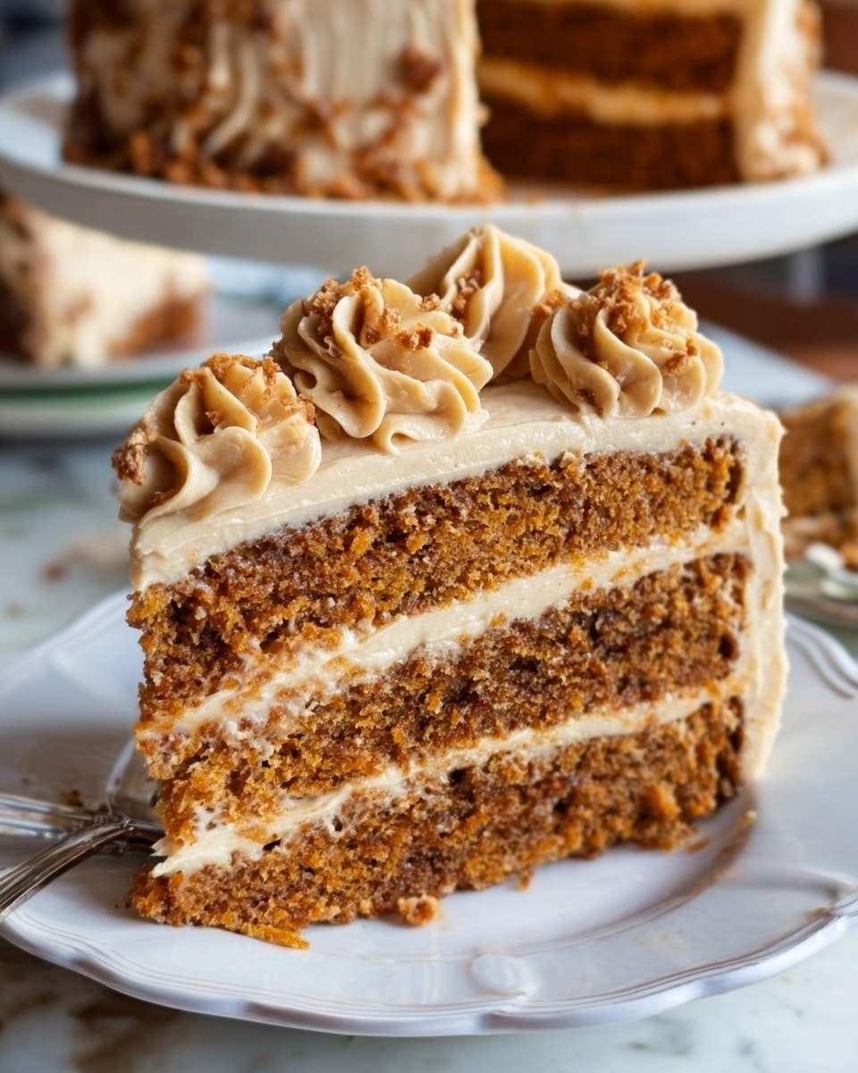 A close-up of a slice of layered cake on a white plate with a scalloped edge, placed on a white marbled surface. The cake has three thick layers of brown, crumbly cake filled and topped with smooth light brown frosting. The frosting between each cake layer is spread thickly and looks creamy and soft, with decorative swirls on the top edge. The cake layers have visible bits that show a chewy texture. In the blurry background, more slices of the same cake can be seen. Photo taken with an iphone --ar 4:5 --v 7