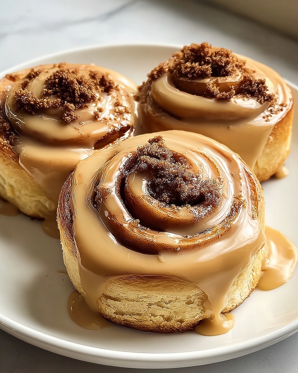 Three cinnamon rolls are placed close together on a white plate set on a white marbled surface. Each roll has a thick, light golden-brown dough base with visible soft layers spiraled tightly, topped with a glossy, creamy caramel-colored glaze that drips tempting over the edges onto the plate. On the very top of each roll, there are dark brown cinnamon sugar crumbles adding texture and extra color contrast. The soft lighting highlights the shiny glaze and the flaky dough texture in a cozy setting. photo taken with an iphone --ar 4:5 --v 7