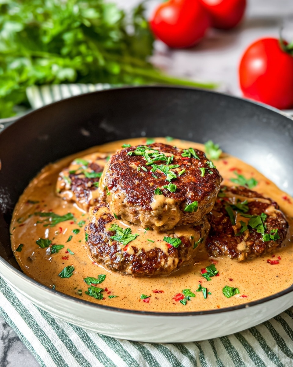 A black frying pan with a white inside holds three thick round browned patties stacked one on top of the other, covered with a creamy light brown sauce that has small red bits and fresh green herb pieces sprinkled on top and in the sauce, the patties show a slightly crispy texture on their surfaces. The pan is placed on a white and green striped cloth, all set on a white marbled surface with blurred fresh red tomatoes and green leafy herbs in the background. photo taken with an iphone --ar 4:5 --v 7