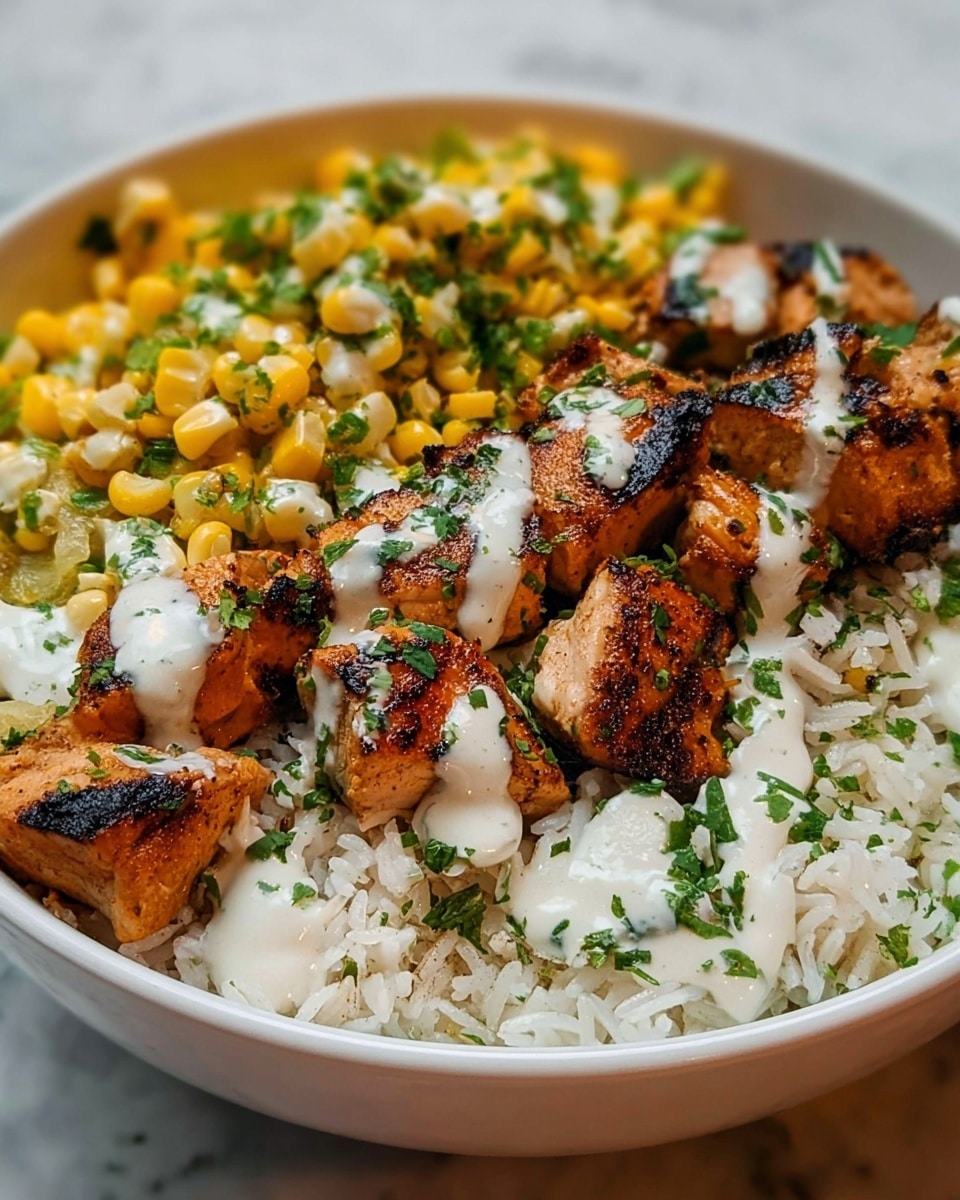 The dish shows a white bowl filled with three main layers arranged side by side. The bottom left layer is white rice with a soft texture, filling about one-third of the bowl. On the bottom center and right, there are several pieces of grilled chicken, brown with visible char marks and a slightly rough texture. The top right layer is bright yellow corn mixed with green herbs, giving a fresh appearance. All the layers are topped with a creamy white sauce drizzled unevenly, and sprinkled with chopped green herbs for color. The bowl rests on a white marbled surface. photo taken with an iphone --ar 4:5 --v 7
