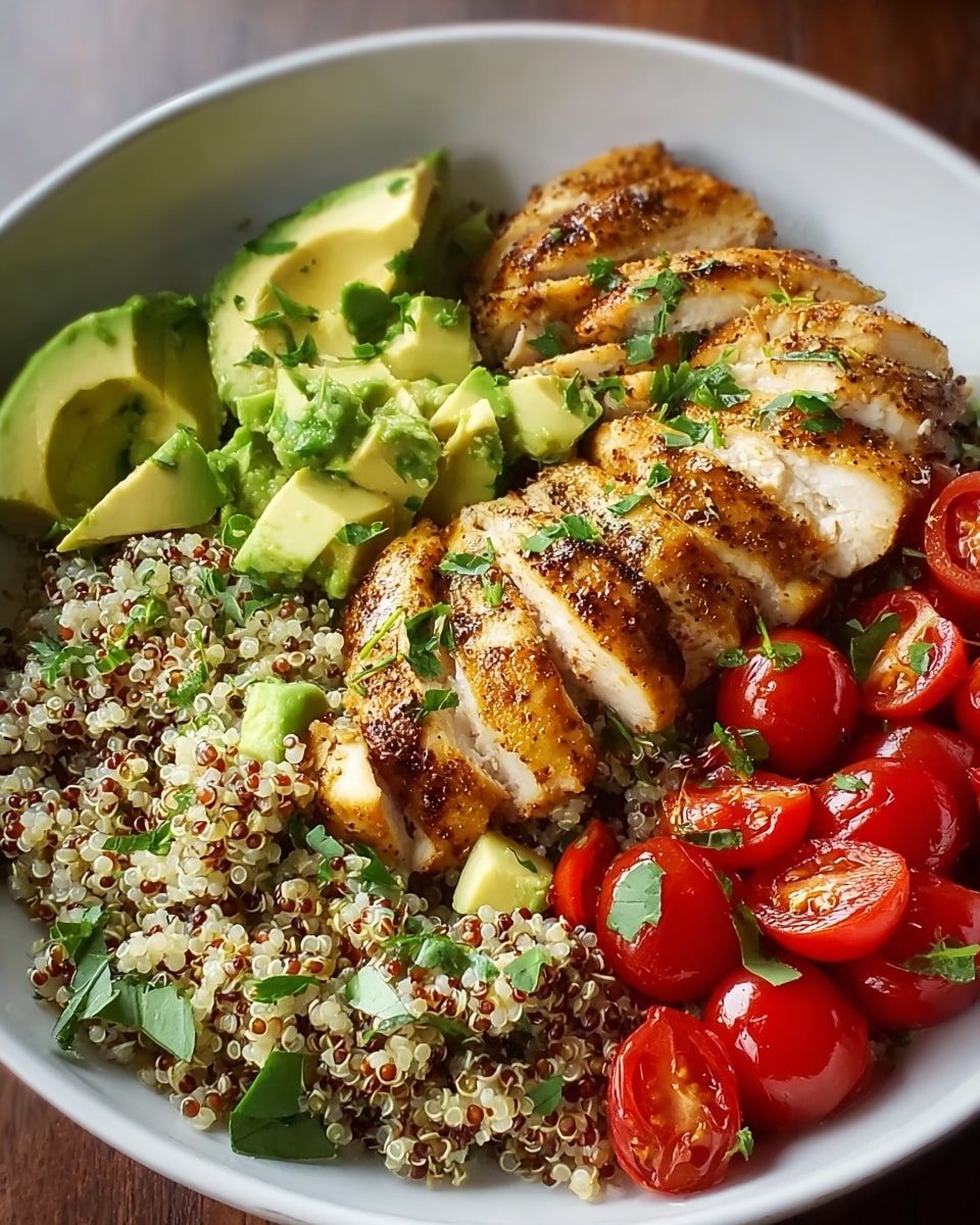A white bowl filled with three main layers: at the bottom, there is a bed of cooked quinoa with small round grains in shades of white, beige, and red mixed with green avocado chunks; above this, a row of golden-brown grilled chicken slices with a slightly crispy texture and darker grill marks sits neatly, garnished with finely chopped green herbs; on the sides of the chicken, there are fresh avocado pieces that are light green with a creamy texture and a pile of halved bright red cherry tomatoes mixed with small green basil leaves. The photo is taken with an iphone --ar 4:5 --v 7