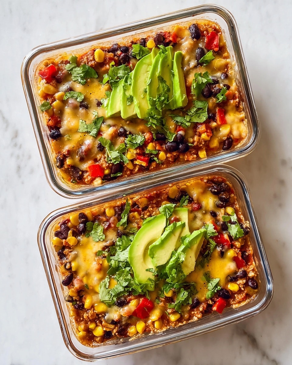 Two clear glass rectangular containers each hold a layered dish starting with a golden-brown base. On top, there is a mix of black beans, yellow corn, and red bell pepper pieces scattered evenly. Melted light yellow cheese is drizzled over the beans and vegetables, adding a soft texture. Bright green cilantro leaves are sprinkled across the dish for freshness. Each container is topped with thin slices of green avocado in the center. The containers rest on a white marbled surface. photo taken with an iphone --ar 4:5 --v 7