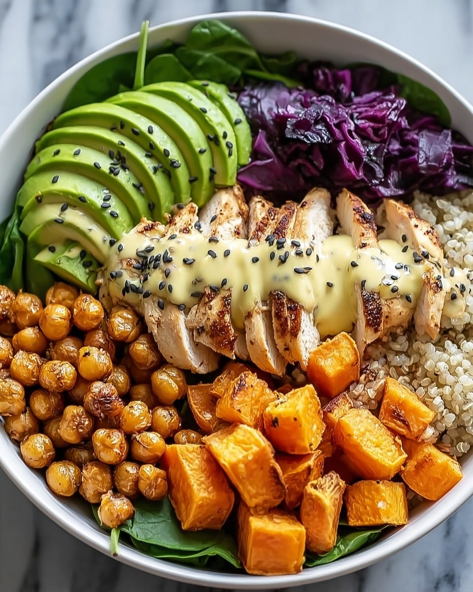A white bowl filled with a colorful layered meal, starting at the bottom with a bed of green leafy spinach on the left and a layer of white grains on the right. Above the grains, there are pieces of dark purple cabbage, and next to them, a cluster of small, golden brown roasted chickpeas. In the center, slices of grilled chicken are arranged in a neat row with a creamy light yellow sauce drizzled over them, sprinkled with black seeds. On the left side, there are several slices of bright green avocado with black seeds on top. At the front, large roasted sweet potato cubes with a golden orange color fill the bottom edge of the bowl. The bowl rests on a white marbled surface. Photo taken with an iphone --ar 4:5 --v 7