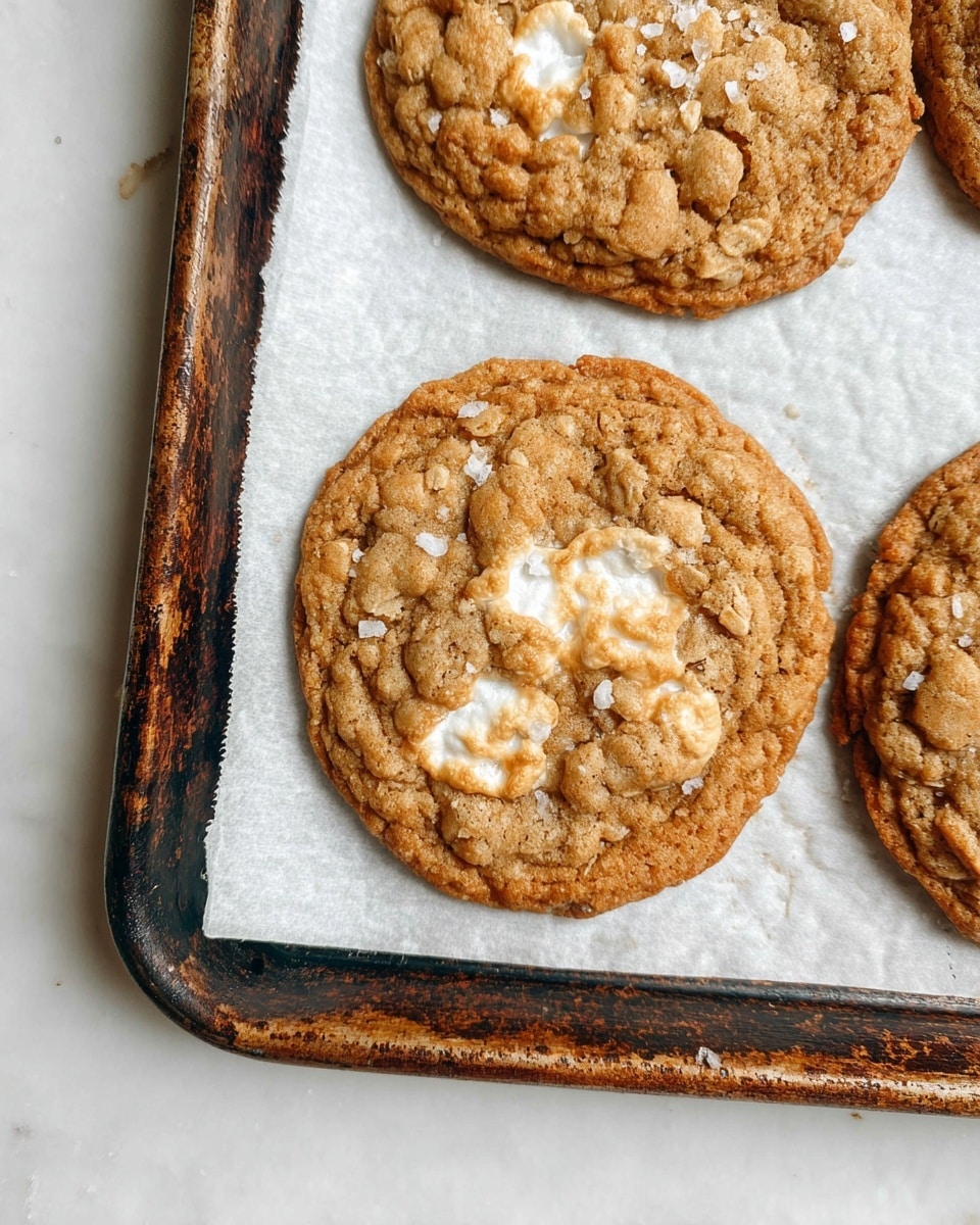 The image shows a close-up view of two large oatmeal cookies on a baking tray lined with white parchment paper. Each cookie is golden brown with a slightly crispy edge and a softer center that has visible pieces of melted white marshmallow, giving a creamy texture with a light caramelized color. The cookies have small bits of salt flakes sprinkled on top, adding a subtle white contrast. The baking tray is dark and rustic with a worn, textured look. The background is a white marbled surface. Photo taken with an iphone --ar 4:5 --v 7