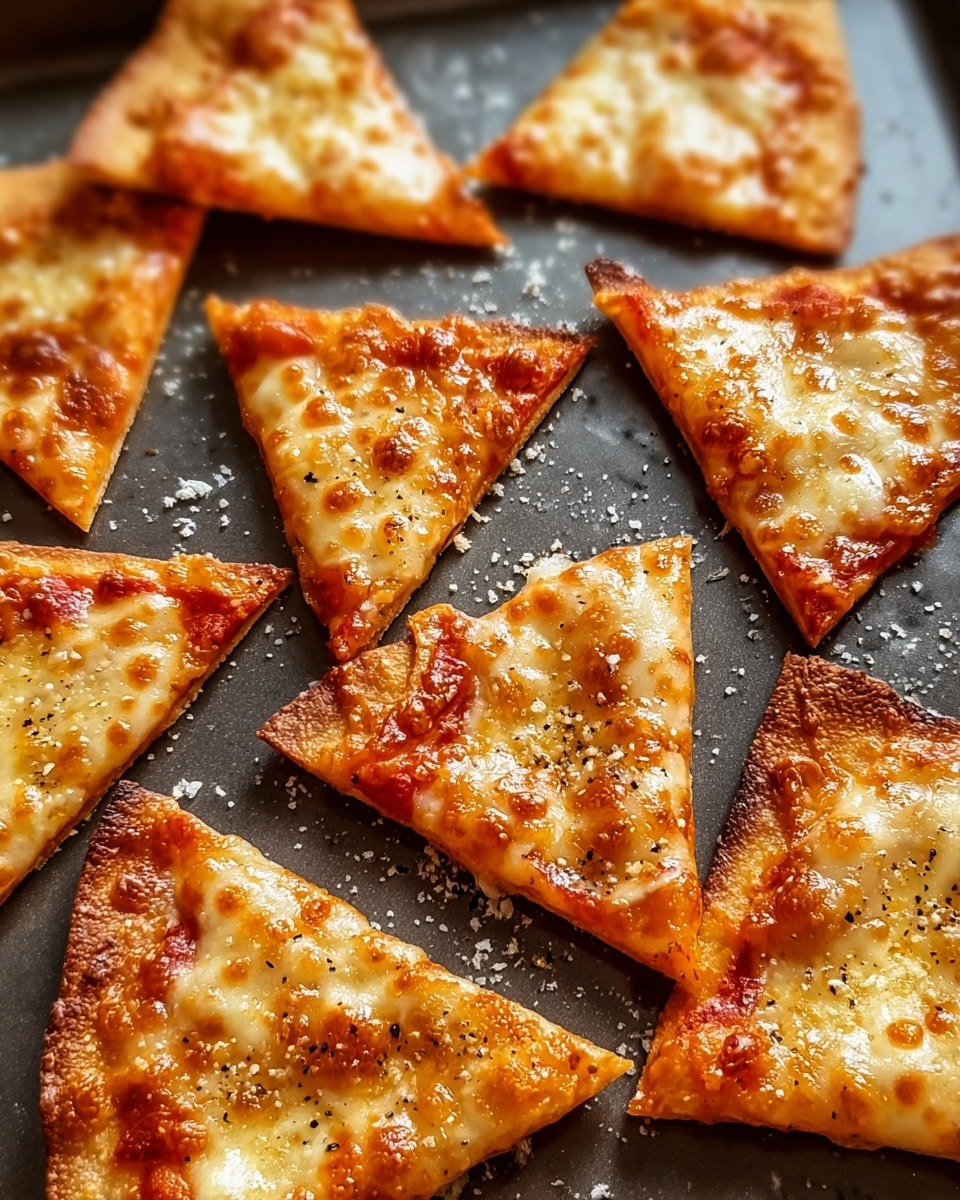 A close-up view of a thin, crispy pizza cut into multiple triangular slices spread out on a dark baking tray. The pizza has three visible layers: the bottom layer is a golden-brown crust, the middle layer is a vibrant red tomato sauce, and the top layer is melted mozzarella cheese with some light browning and bubbly texture, sprinkled with black pepper and herbs. The lighting highlights the cheese’s glossy surface and the slight texture of the crust edges, with some coarse salt crystals visible on the baking tray. The scene is set on a white marbled texture. photo taken with an iphone --ar 4:5 --v 7
