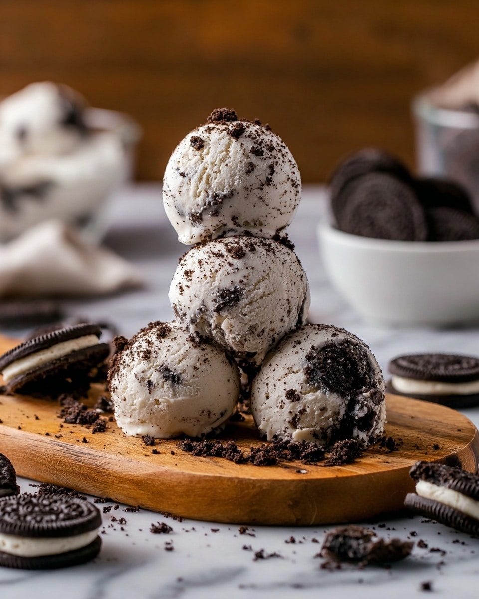 The image shows four round cookie and cream ice cream scoops stacked in a pyramid shape on a wooden board, each scoop covered with dark cookie crumbs mixed within the white ice cream and sprinkled on top. Around the scoops, there are whole and broken chocolate sandwich cookies with white cream filling, scattered on the wooden surface. The background is softly blurred, with a white bowl and more cookie pieces visible, all sitting on a white marbled surface. photo taken with an iphone --ar 4:5 --v 7