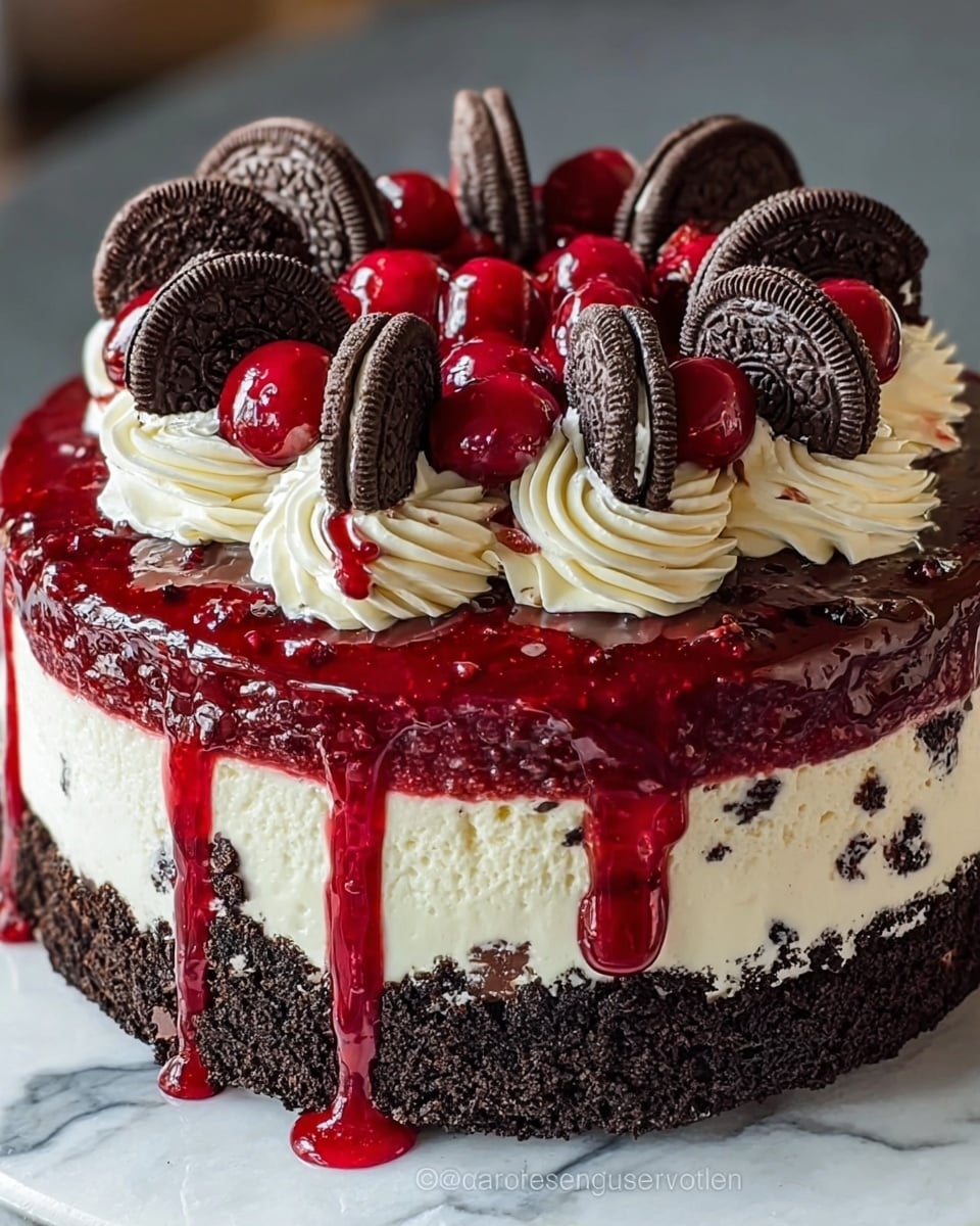 This dessert has three layers: the bottom and top layers are dark chocolate cake with a crumbly texture, while the thick middle layer is smooth and creamy white cheesecake. The top of the cake is covered in a shiny red berry sauce that drips down the sides. On top, there are six swirls of white whipped cream, each topped with a whole dark chocolate sandwich cookie and a handful of glossy, bright red berries. The cake sits on a white marbled surface. photo taken with an iphone --ar 4:5 --v 7