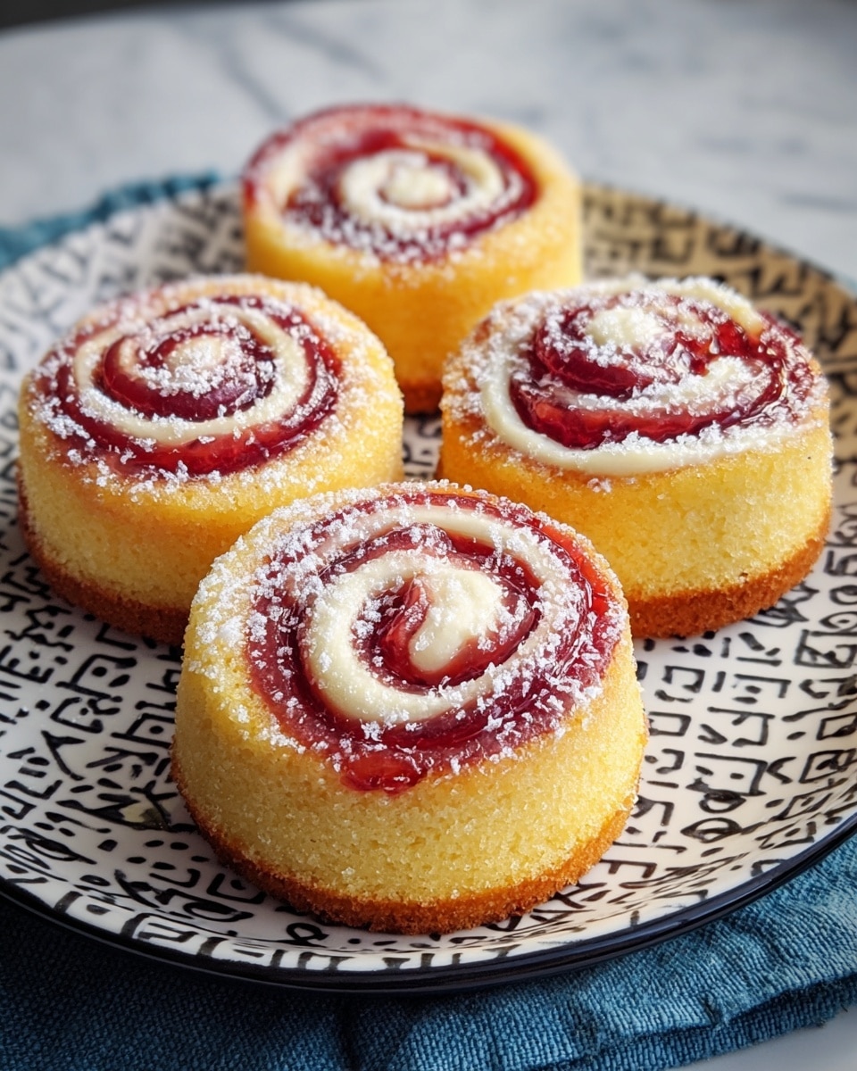 Four small round cakes sit on a white plate with a black geometric pattern, placed on top of a blue cloth on a white marbled surface. Each cake has two layers: a thick, golden-yellow bottom layer with a soft texture, topped with a spiral layer of red jelly and cream swirled together, dusted with white powdered sugar. The jelly swirls have a glossy, translucent finish, while the cream looks smooth and slightly thick. Photo taken with an iphone --ar 4:5 --v 7