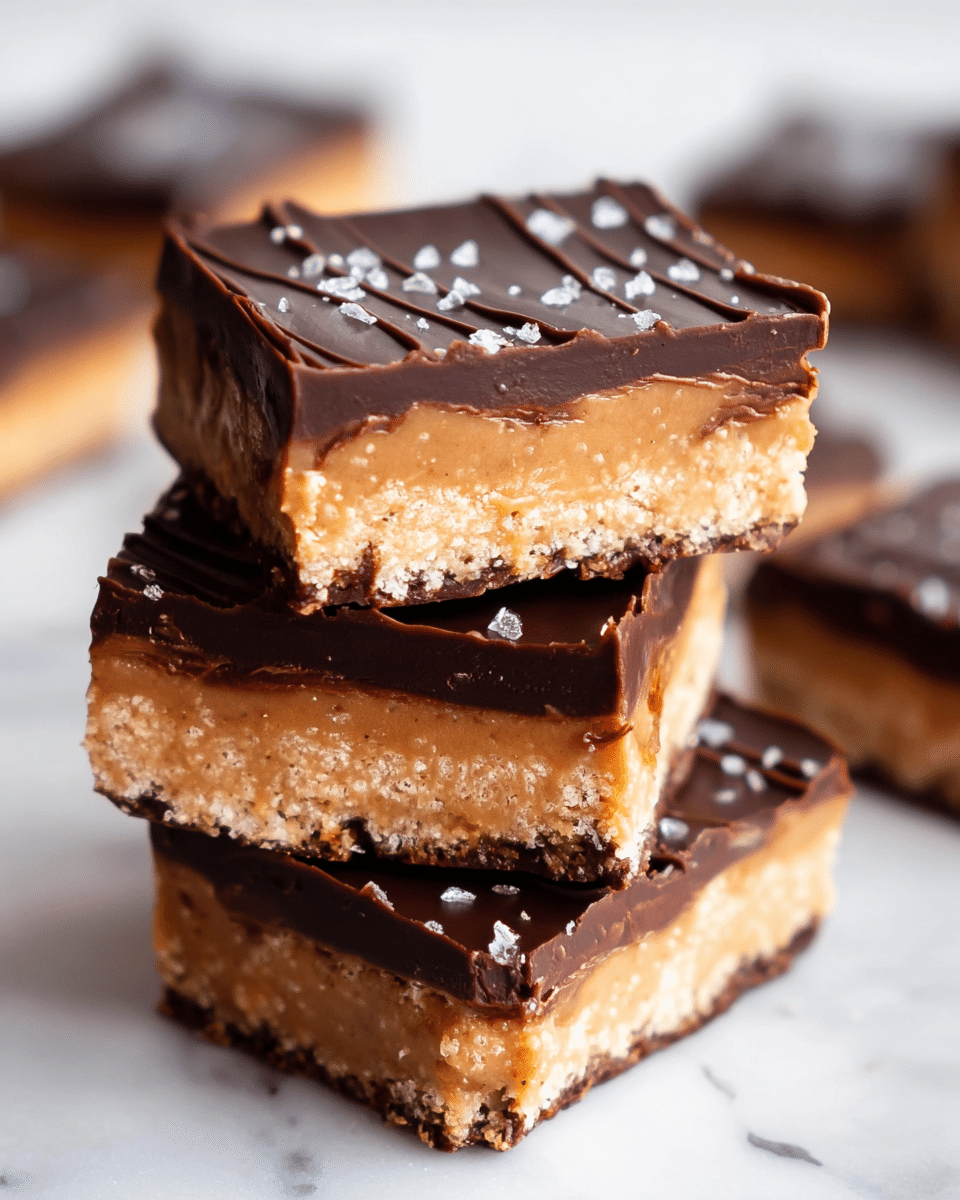The image shows three stacked dessert bars, each with three clear layers. The bottom layer is a smooth, dark chocolate layer with a glossy finish, thin but firm. The middle layer is thick and creamy with a light brown, slightly grainy texture, resembling peanut butter or cookie dough. The top layer is a shiny, dark chocolate glaze with small ridges running lengthwise, giving it a polished look. The bars have clean, sharp edges and the whole stack sits on a white marbled surface. Photo taken with an iphone --ar 4:5 --v 7