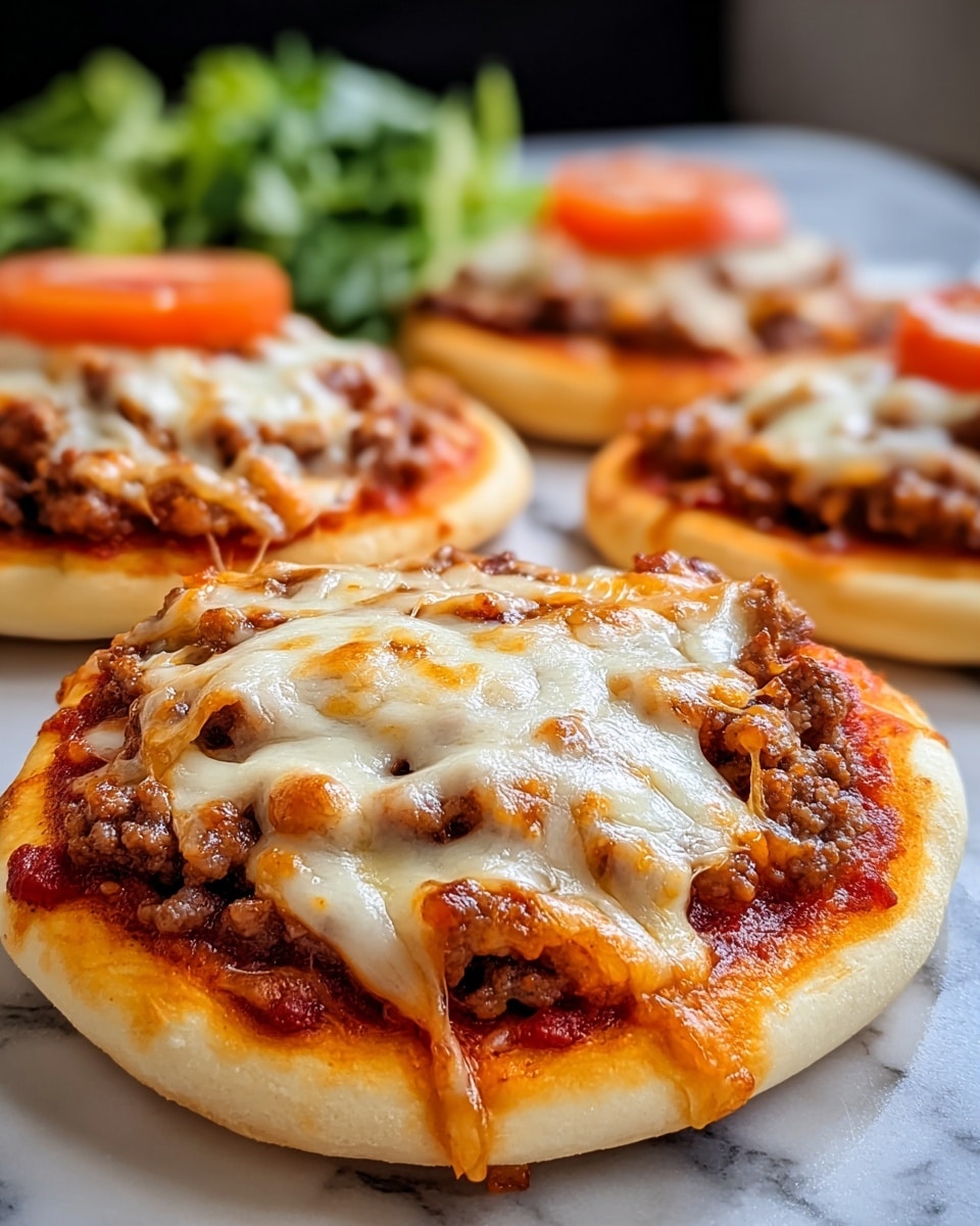 The image shows three small round pizzas on a white marbled surface, each pizza has a thick light beige crust, a bright red tomato sauce base, a layer of cooked ground beef that looks brown and crumbly, and a generous topping of melted white and slightly golden cheese that stretches slightly over the edges. In the background, there is a blurred white plate with a green and red mixed salad. The focus is on the front pizza, with the other two pizzas slightly out of focus behind it. photo taken with an iphone --ar 4:5 --v 7
