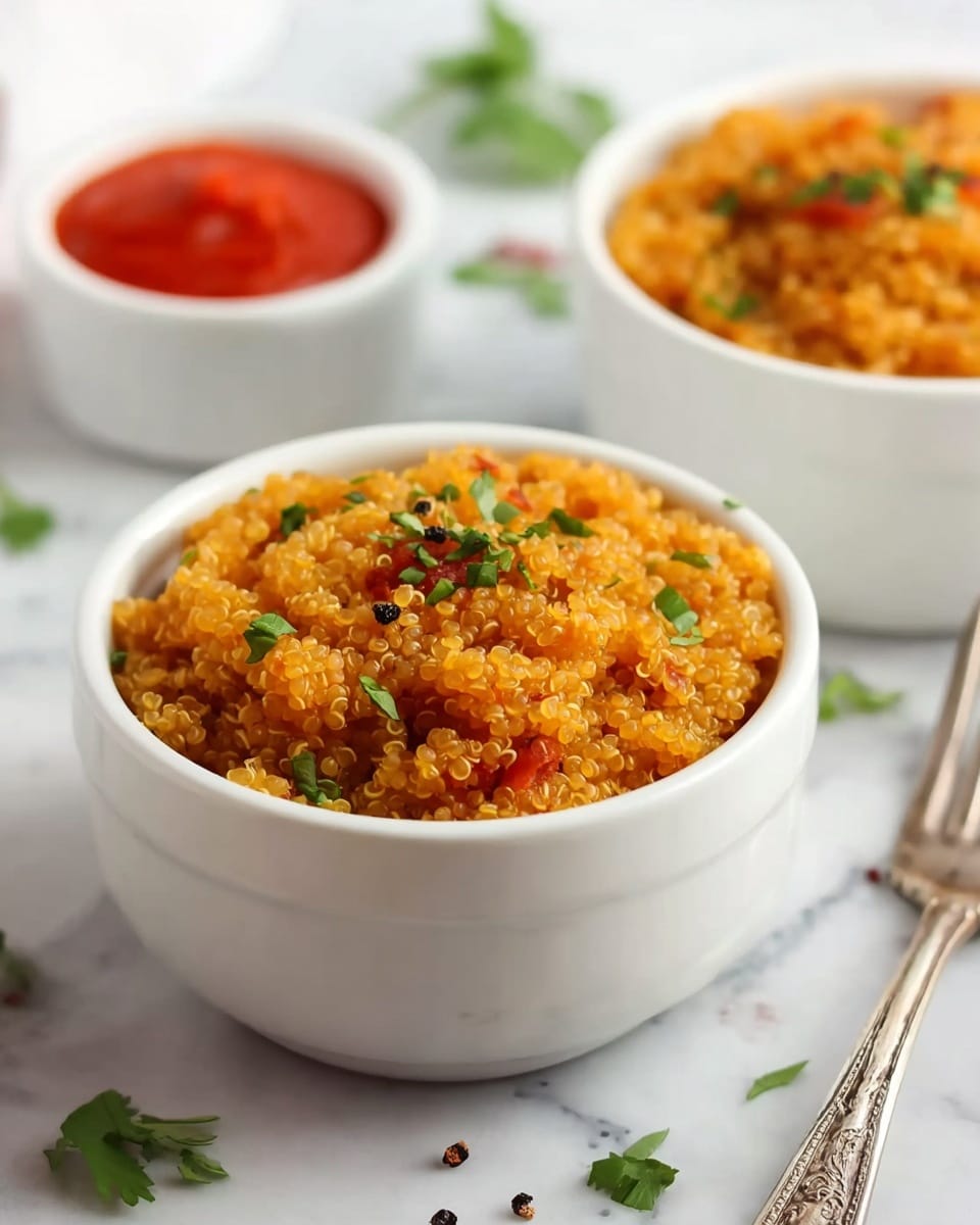 The image shows two white ceramic bowls filled with a cooked quinoa dish that has a rich orange color and a fluffy, slightly grainy texture. The quinoa is garnished with finely chopped green herbs and a few black pepper grains scattered on top, adding a fresh contrast. In the background, there is a small white bowl with a bright red sauce, slightly blurred, and some green herb leaves are scattered on the white marbled surface around the bowls. A vintage silver fork is placed near the front bowl, resting on the marbled surface. The photo captures a close-up, neat, and bright setting with natural light. photo taken with an iphone --ar 4:5 --v 7