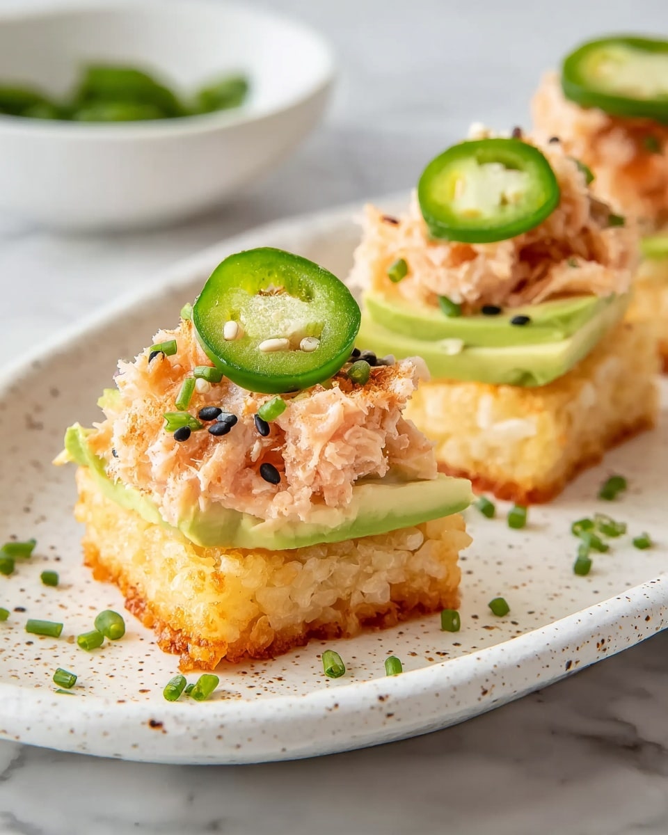 The dish shows three small, square crispy rice cakes with a golden-brown bottom layer that looks crunchy. On top of each rice cake, there are thin, pale green slices of avocado arranged in a neat layer. Above the avocado, there is a creamy, slightly chunky pink mixture, likely spicy tuna or salmon, with small bits showing texture. Each piece is finished with a thin, round slice of bright green jalapeño pepper and small sprinkles of black and white sesame seeds along with chopped green chives. All items are placed on a white plate with small brown speckles, sitting on a white marbled surface. Photo taken with an iphone --ar 4:5 --v 7