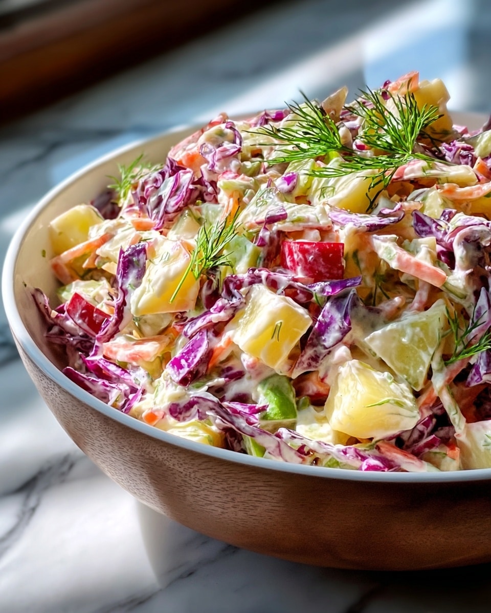 A close-up view of a mixed salad in a white wooden bowl showing three main layers: large light yellow potato chunks as the base, thin strips of red cabbage and green celery scattered throughout the middle, and creamy white dressing lightly coating all the ingredients on the top. Small pieces of red apple skin with white flesh are mixed among the vegetables. Two bright green sprigs of fresh dill garnish the center of the salad, adding color contrast. The bowl sits on a white marbled surface with soft daylight coming from the side, highlighting the fresh textures. Photo taken with an iphone --ar 4:5 --v 7