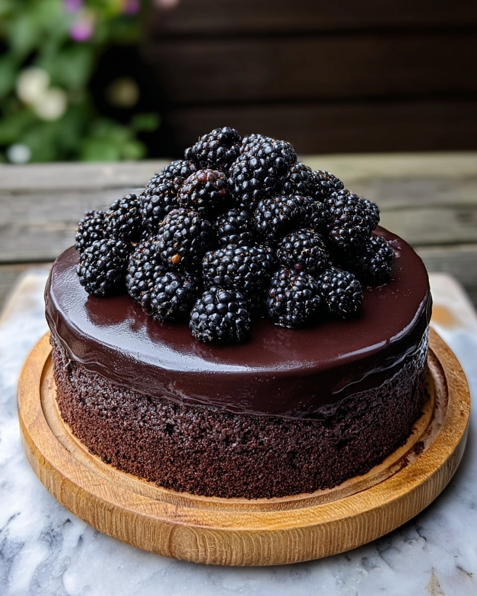A round chocolate cake sits on a wooden board, showing two layers: a dark, moist chocolate base and a thick, glossy chocolate frosting layer on top. The frosting has a smooth texture and rich dark brown color. At the top center, a pile of fresh blackberries with a shiny, deep purple-black surface forms a small mound. The cake edges reveal some crumbs sticking to the bottom layer. The setting has a blurred background with green leaves and pink flowers, and the cake sits on a white marbled texture surface. photo taken with an iphone --ar 4:5 --v 7