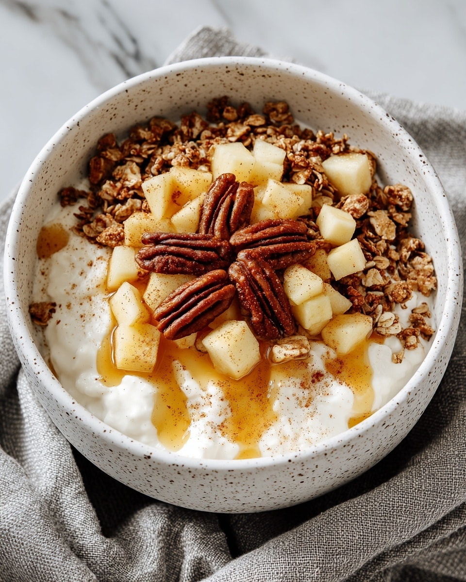 A white speckled bowl holds a dish with three main layers; the bottom layer is a creamy white cottage cheese, thick and slightly lumpy, spread evenly to fill the bowl, the middle layer consists of small brown clusters of granola mixed with light yellow diced apple pieces scattered across, and the top layer features a generous drizzle of golden honey pooling over the apple and granola, with several whole reddish-brown pecans placed in the center, all lightly dusted with cinnamon powder. The bowl sits on a soft, gray textured fabric surface atop a white marbled background. photo taken with an iphone --ar 4:5 --v 7
