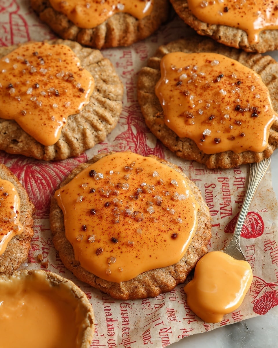 A close-up view of five small round pastries with golden brown tops sprinkled with black and white sesame seeds. Each pastry has a slightly shiny surface and crimped edges, showing a layered dough texture around the sides. They are all placed on a piece of newspaper lying on a white marbled surface, with a wooden spoon partially visible in the top right corner. The pastries look crunchy and nicely baked, with uneven but rounded shapes. Photo taken with an iphone --ar 4:5 --v 7