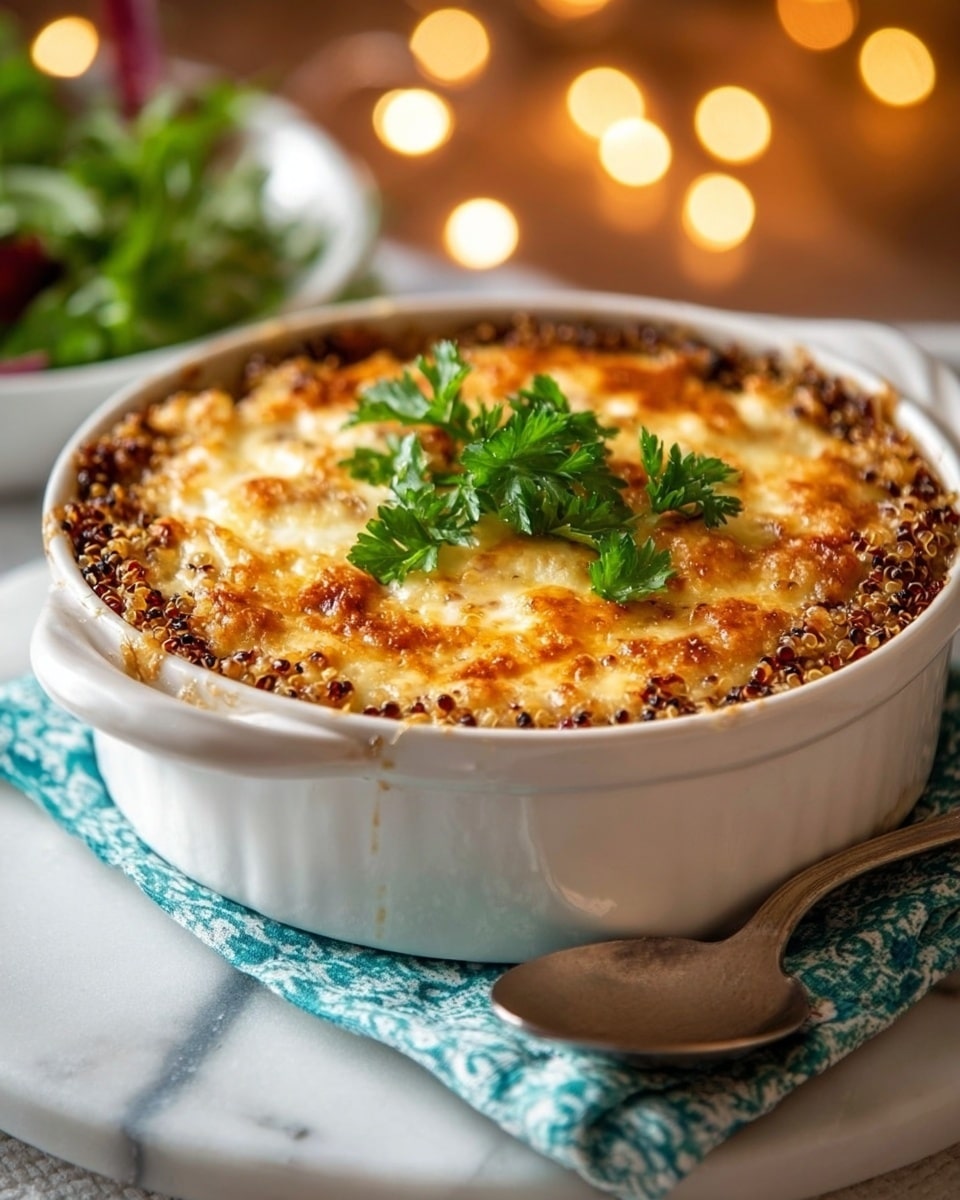 A white ceramic round casserole dish holds a two-layer baked dish on a white marbled surface; the bottom layer is light tan cooked quinoa with black quinoa seeds mixed in, showing a grainy texture, and the top layer is a golden-brown melted cheese crust with some browned spots and bubbly texture, garnished with fresh green parsley leaves on top. Under the dish is a teal and white patterned cloth napkin, with a silver spoon to the right side. The background is softly blurred with warm lights and a white plate of green salad. photo taken with an iphone --ar 4:5 --v 7