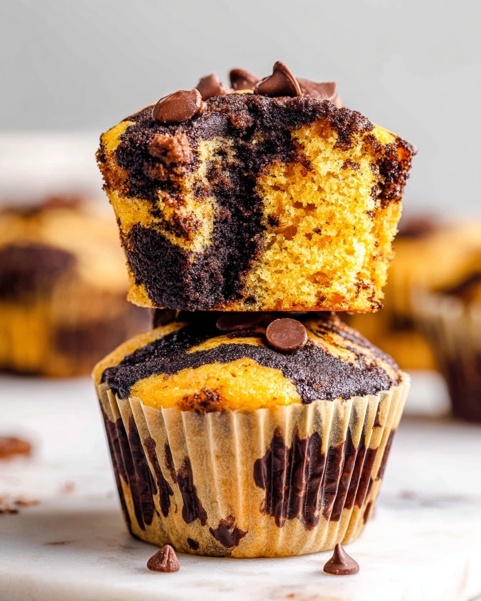 A close-up view of two marbled muffins stacked one on top of the other on a white marbled surface, both with swirls of yellow and dark brown batter mixed together. The bottom muffin is fully intact with small dark chocolate chips scattered on the top, while the top muffin is cut in half and placed with its cut side facing forward, showing a moist, crumbly interior with a marbled pattern of yellow and dark brown. The muffins are wrapped in natural brown baking liners with dark brown spots. The background is blurred with soft lighting. Photo taken with an iphone --ar 4:5 --v 7