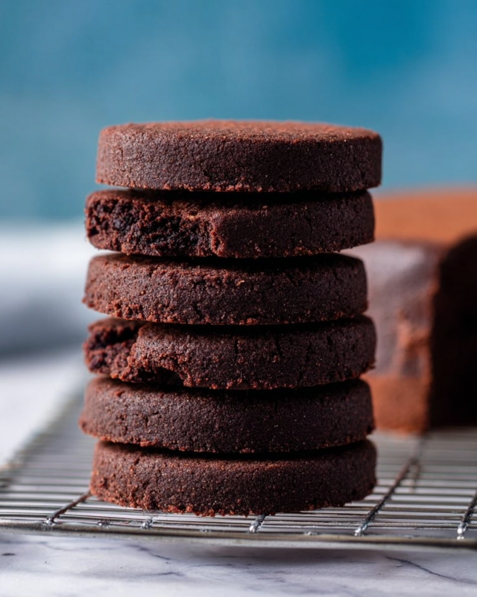 A stack of five thick, round chocolate biscuits with a rough texture and dark brown color sits upright on a cooling rack. Each biscuit is evenly shaped with slightly cracked edges, showing a dense and crumbly surface. Behind the stack, there is a partially visible dark chocolate cake with a smooth frosting layer on the right side. The background is soft blue blurred. The setting is on a white marbled surface. Photo taken with an iphone --ar 4:5 --v 7