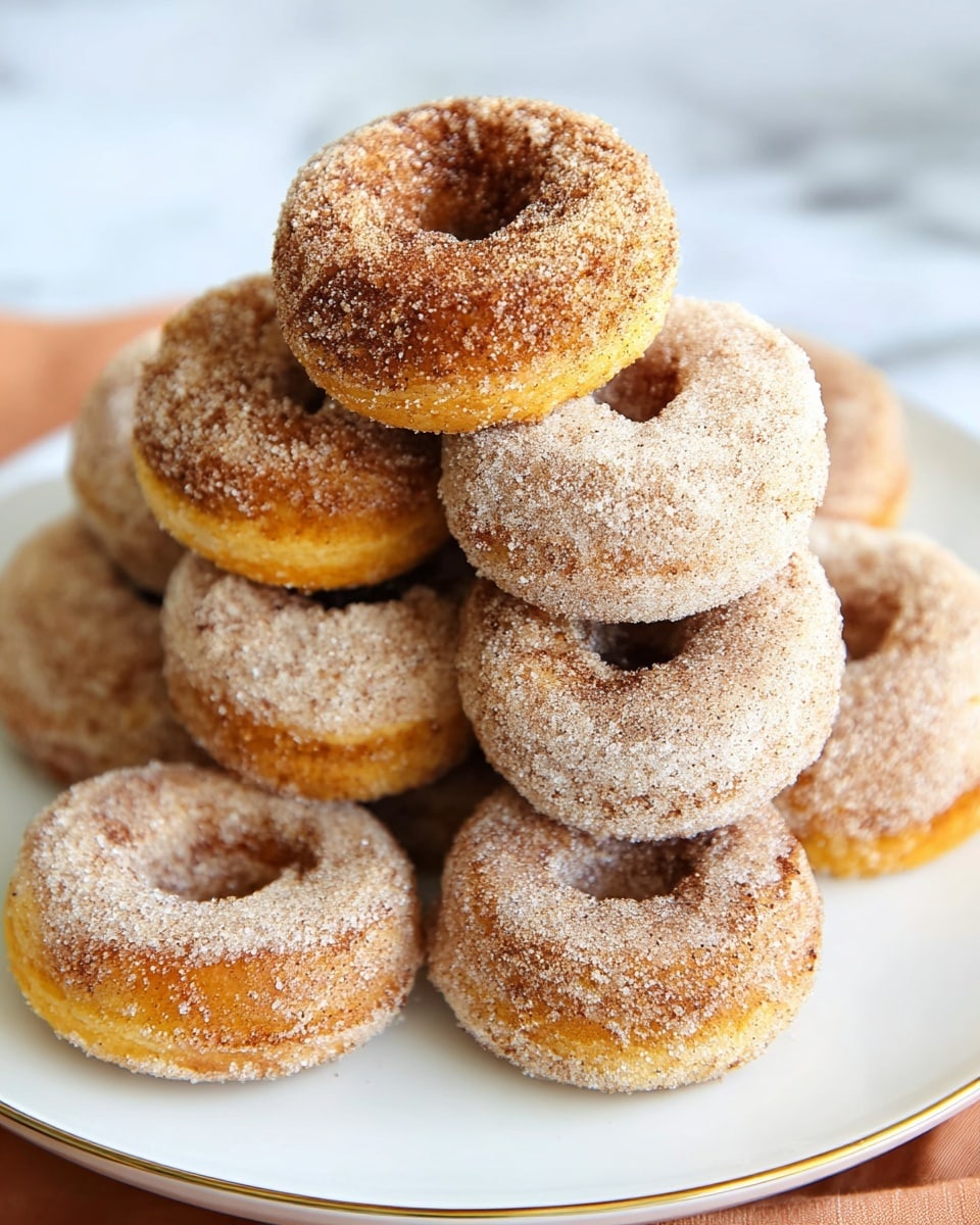 A stack of nine sugar-coated donuts sits on a white plate with a thin gold rim, the donuts arranged in a casual pile with some leaning on each other. Each donut has two main layers: a bottom layer of golden yellow dough and a top layer covered with a light brown sugar and cinnamon mixture that gives a grainy texture. The surface behind the plate shows a white marbled texture softly blurred in the background. photo taken with an iphone --ar 4:5 --v 7