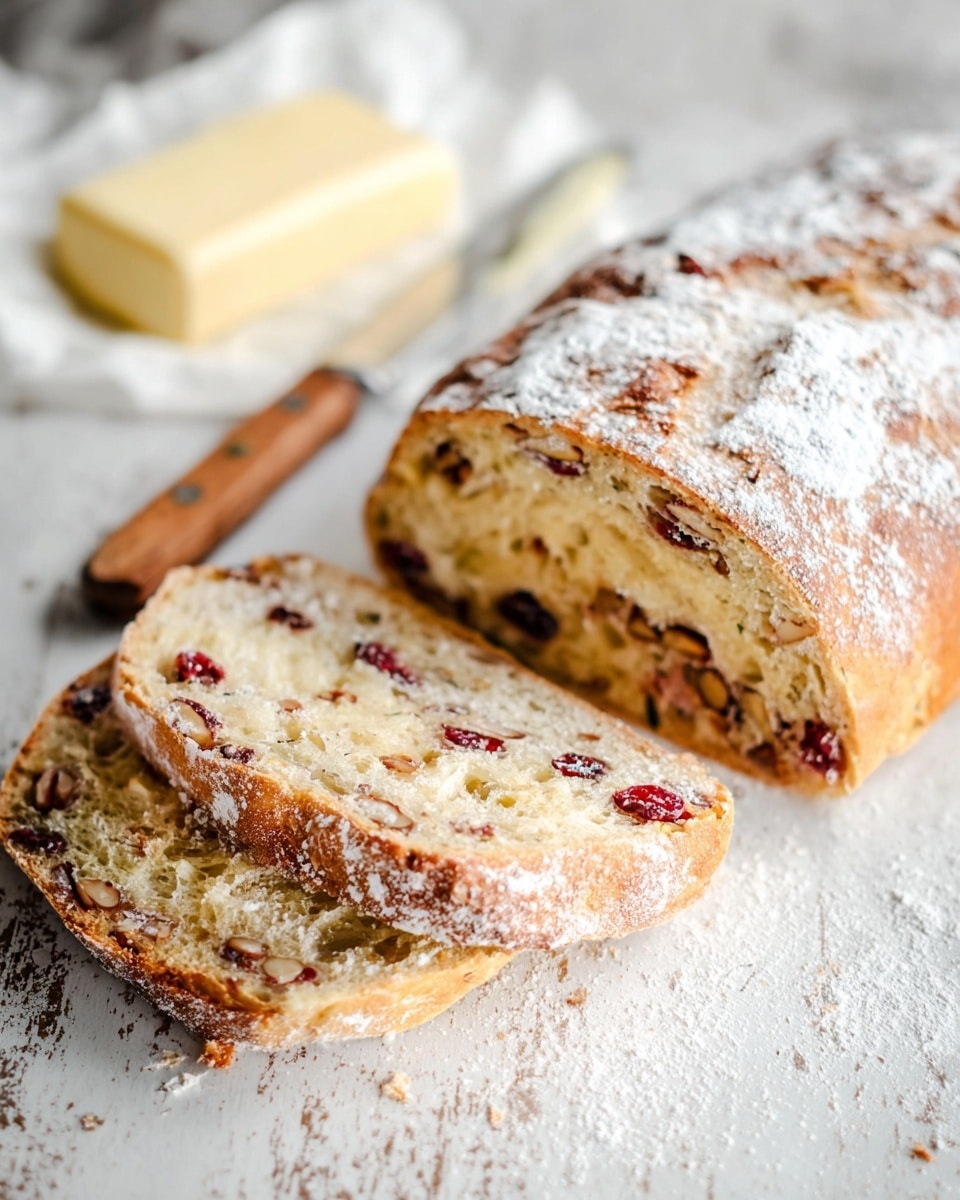 A sliced loaf of bread with a golden-brown crust dusted lightly with white flour sits on a rustic white marbled surface. The inside of the bread reveals one layer filled with mixed nuts and dried red berries embedded throughout a soft, light beige crumb. Behind the bread, there is a stick of butter unwrapped on white parchment paper with a wooden-handled butter knife beside it. The overall scene is softly lit, highlighting the textures of the crust and the mixed fruit and nut fillings. photo taken with an iphone --ar 4:5 --v 7