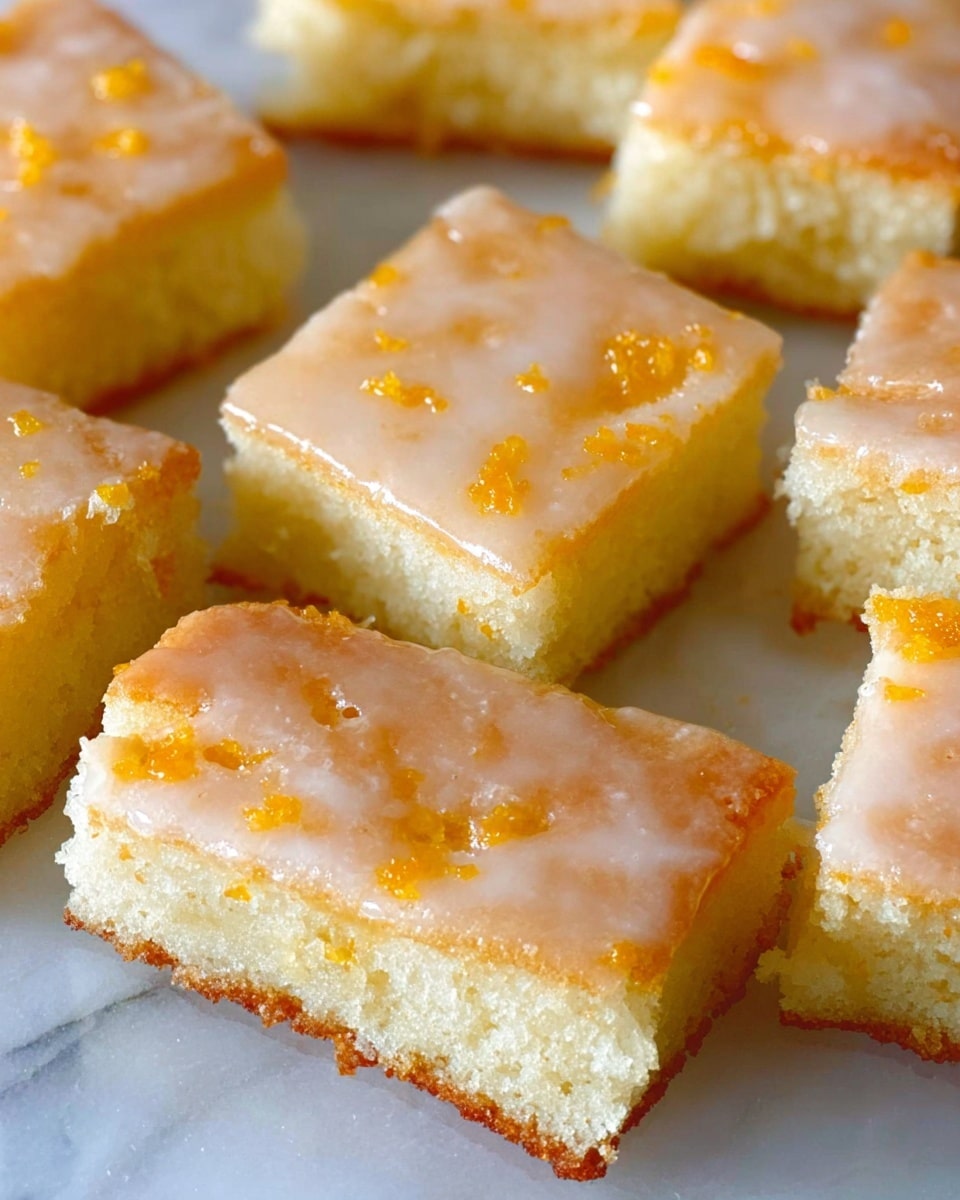 The image shows several rectangular pieces of a light, sponge-like cake with a slightly glossy, orange-tinted glaze on top. Each piece has two visible layers: the bottom layer is pale yellow and spongy with a soft texture, while the top layer is a thin, shiny glaze with small bits of orange zest scattered across it. The cake pieces are arranged on a clear glass white marbled textured surface, closely spaced but not touching. Photo taken with an iphone --ar 4:5 --v 7
