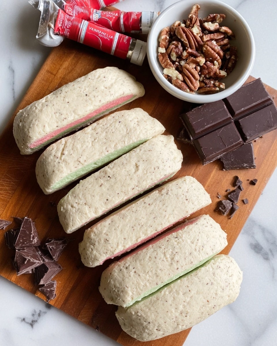 A white dough block with three vertical cuts sits on parchment paper at the bottom of the frame, showing a soft and slightly uneven texture. Above it, on a white marbled surface, there is a metal measuring cup filled with chopped nuts on the left, some pecans scattered nearby, a large dark chocolate bar with a small piece broken off in the middle, a small bottle of vanilla extract with a red cap to the right of the chocolate, and two tubes of red and green gel color placed diagonally on either side of the nuts and vanilla. The scene is bright and neatly arranged, capturing all items clearly. photo taken with an iphone --ar 4:5 --v 7