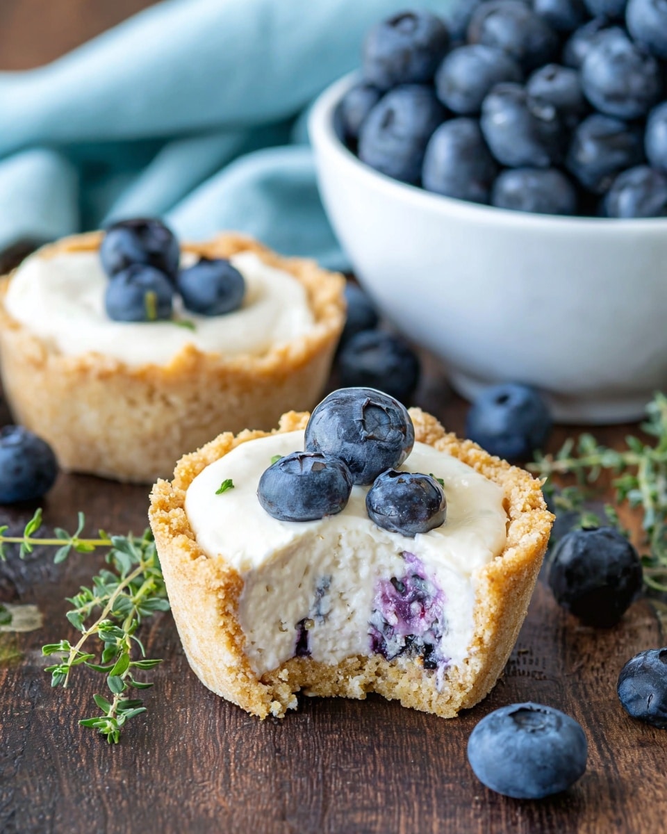 The image shows a small tart with three visible layers: a golden, crumbly crust as the bottom and sides; a thick, creamy white filling mixed with tiny pieces of blueberries in the middle; and two fresh blueberries on top, one whole and one cut in half revealing its blue inside. The tart has a bite taken out, showing the smooth texture inside. It sits on a dark wooden surface with sprigs of green herbs nearby. In the background, there is a white bowl filled with fresh blueberries and a light blue cloth underneath. Photo taken with an iphone --ar 4:5 --v 7