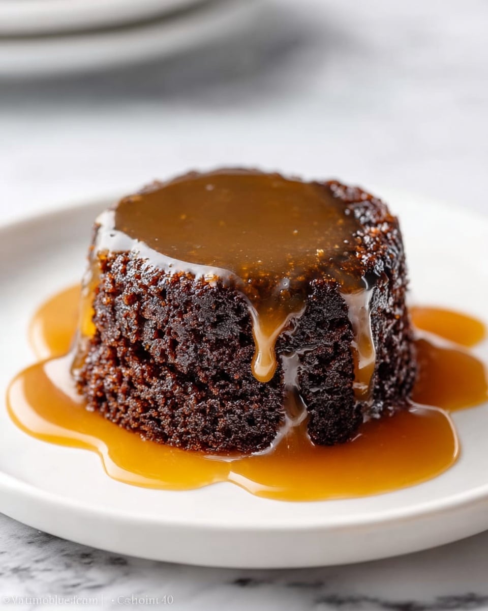 A single small chocolate cake with a rich dark brown color and moist crumb texture sits on a white plate. The cake has one layer and is covered with a shiny golden caramel sauce that drips slowly down the sides and pools on the plate around the cake base. The white plate rests on a white marbled texture surface. Photo taken with an iphone --ar 4:5 --v 7