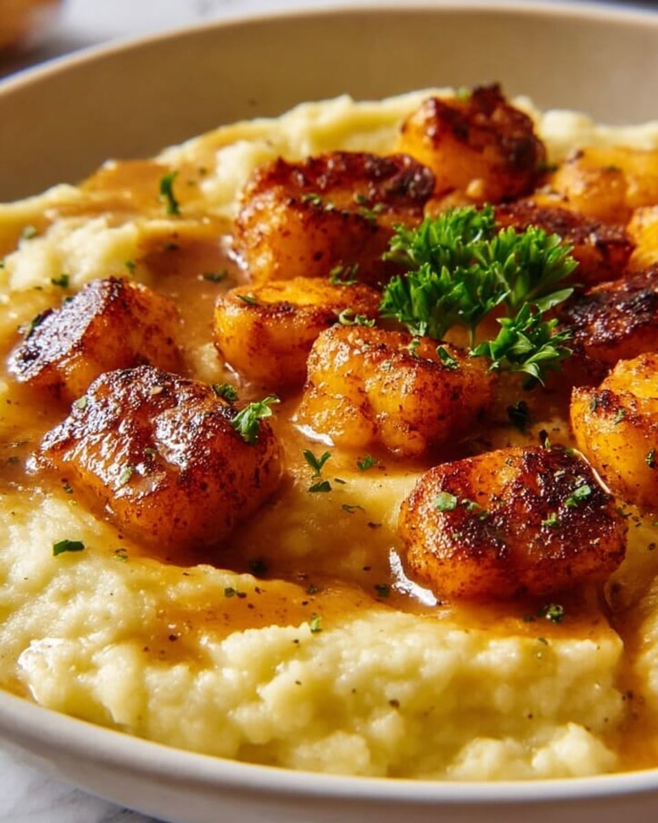 The image shows a white plate filled with a creamy, pale yellow mashed base that looks smooth and soft. On top, there is a layer of golden-brown, grilled or fried bite-sized pieces that have a slightly crispy and caramelized texture. A small green parsley leaf sits in the center for decoration, adding a fresh contrast to the warm colors. The white marbled surface in the background highlights the plate's colors and textures. Photo taken with an iphone --ar 4:5 --v 7