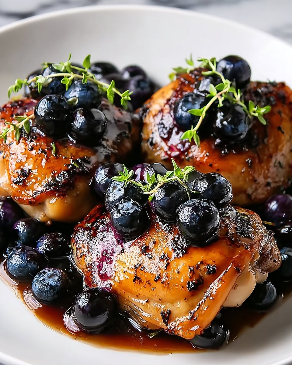 The image shows three pieces of grilled chicken thighs with a golden brown, slightly charred texture, sitting on a white plate. Each chicken piece is topped with glossy dark purple blueberries and small green sprigs of herbs. Around the chicken thighs, more blueberries are scattered in a dark sauce that pools slightly on the white plate, adding shiny reflections. The overall look is rich with a mix of warm brown, deep purple, and fresh green colors on a clean white surface with a white marbled texture in the background. Photo taken with an iphone --ar 4:5 --v 7