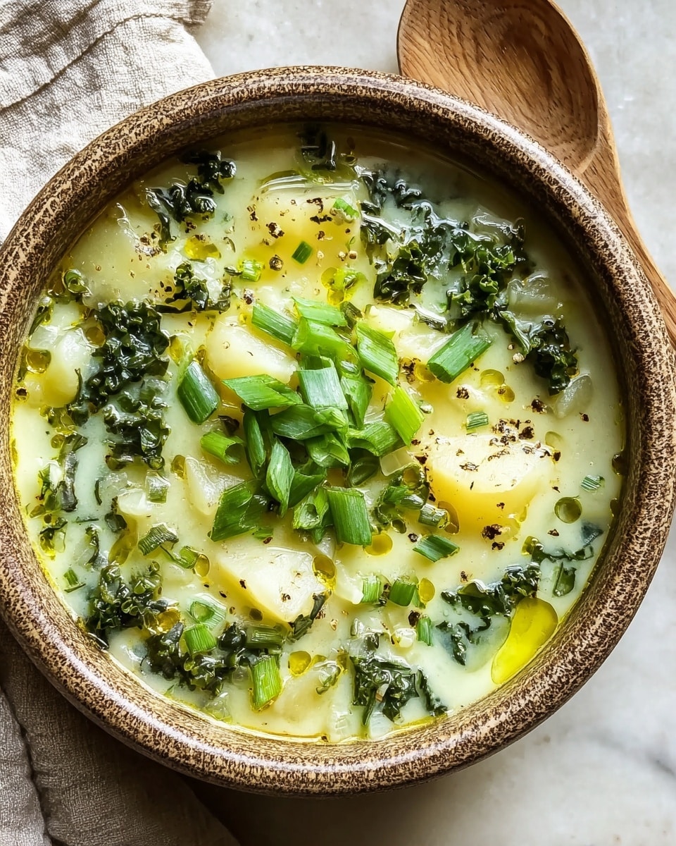 A speckled brown bowl filled with a creamy potato soup that has chunky white potato pieces and dark green kale leaves mixed in. The soup surface is glossy with swirls of golden olive oil and small black pepper flecks sprinkled on top. Bright green sliced scallions sit in the center as a garnish, adding a fresh pop of color. The bowl rests on a white marbled texture, with a corner of a light linen cloth visible on the side and a wooden spoon nearby. photo taken with an iphone --ar 4:5 --v 7