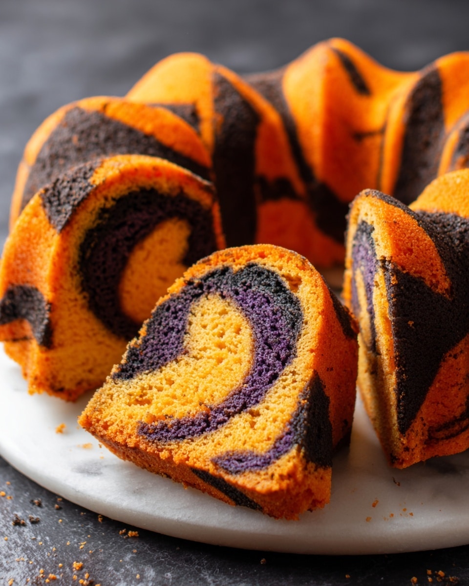 The image shows a bundt cake with bright orange and black swirled layers on a white plate. The cake has multiple slices cut out, revealing an inside swirl pattern of black and purple layers mixed with orange. The outside of the cake is mostly orange with large black stripes wrapping around. The texture appears soft and moist with smooth coloring between the layers. The cake is set on a white marbled surface, giving a clean look. Photo taken with an iphone --ar 4:5 --v 7