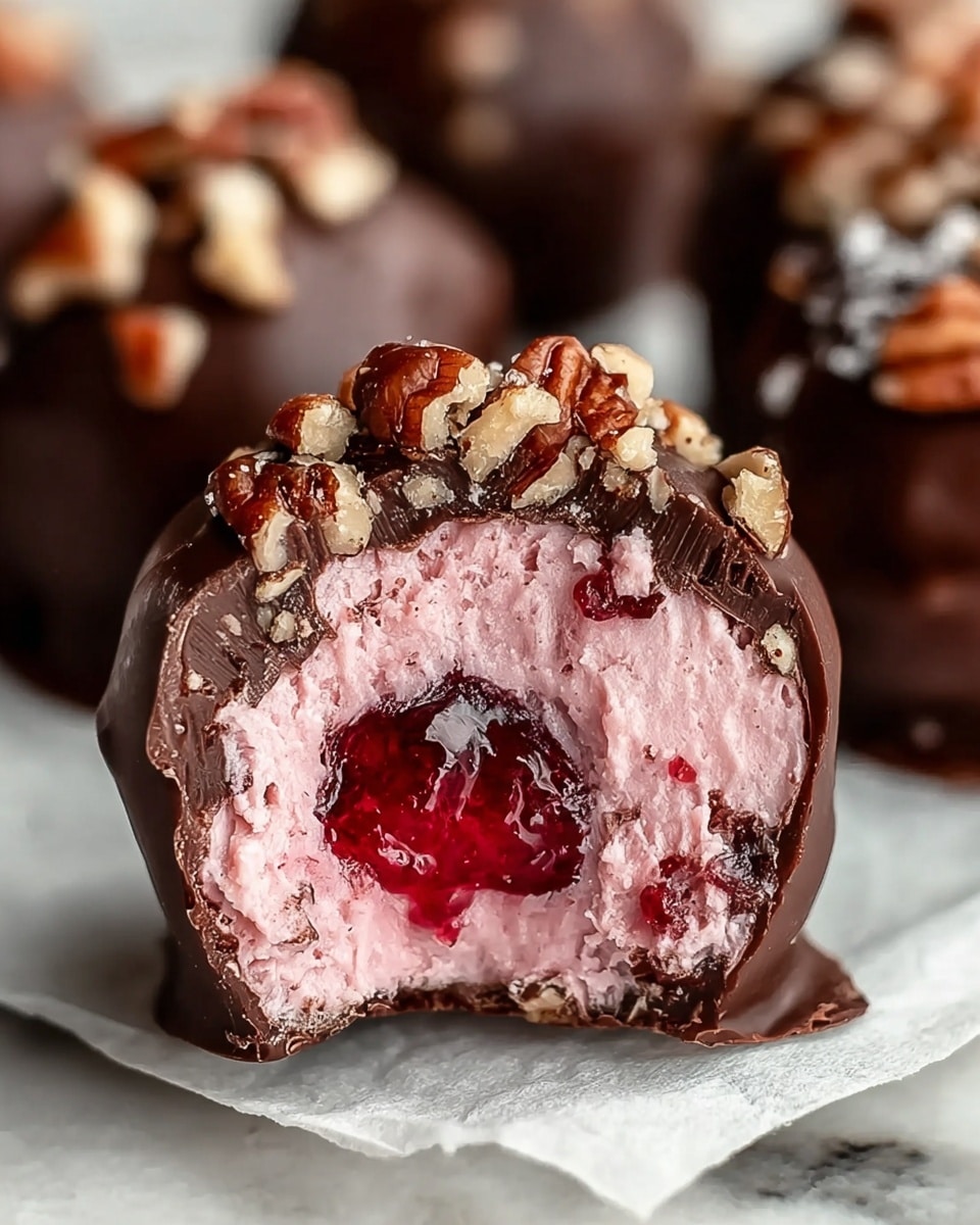 The image shows a close-up of a chocolate truffle with three main layers. The outer layer is glossy dark chocolate with small chopped pecan pieces sprinkled on top, giving it a rough texture. Inside the chocolate shell is a thick, creamy pink filling that looks smooth but dense. In the center of this creamy pink layer, there is a glossy, deep red fruit jelly or jam, adding a shiny, slightly translucent contrast. The truffle sits on white parchment paper on a white marbled surface. In the background, there are blurred, similar chocolate truffles. Photo taken with an iphone --ar 4:5 --v 7