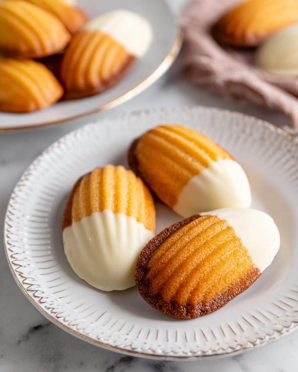 The image shows three madeleine cookies on a white plate with a raised edge, placed on a white marbled surface. Each madeleine is golden brown, shell-shaped, and half dipped in white chocolate on one end, creating a smooth, creamy layer that contrasts with the textured, ridged side. The cookies sit side by side, with one slightly overlapping the others, showing the clear dividing line between the chocolate-dipped half and the baked half. In the background, there are similar plates with more cookies, slightly out of focus. Photo taken with an iphone --ar 4:5 --v 7